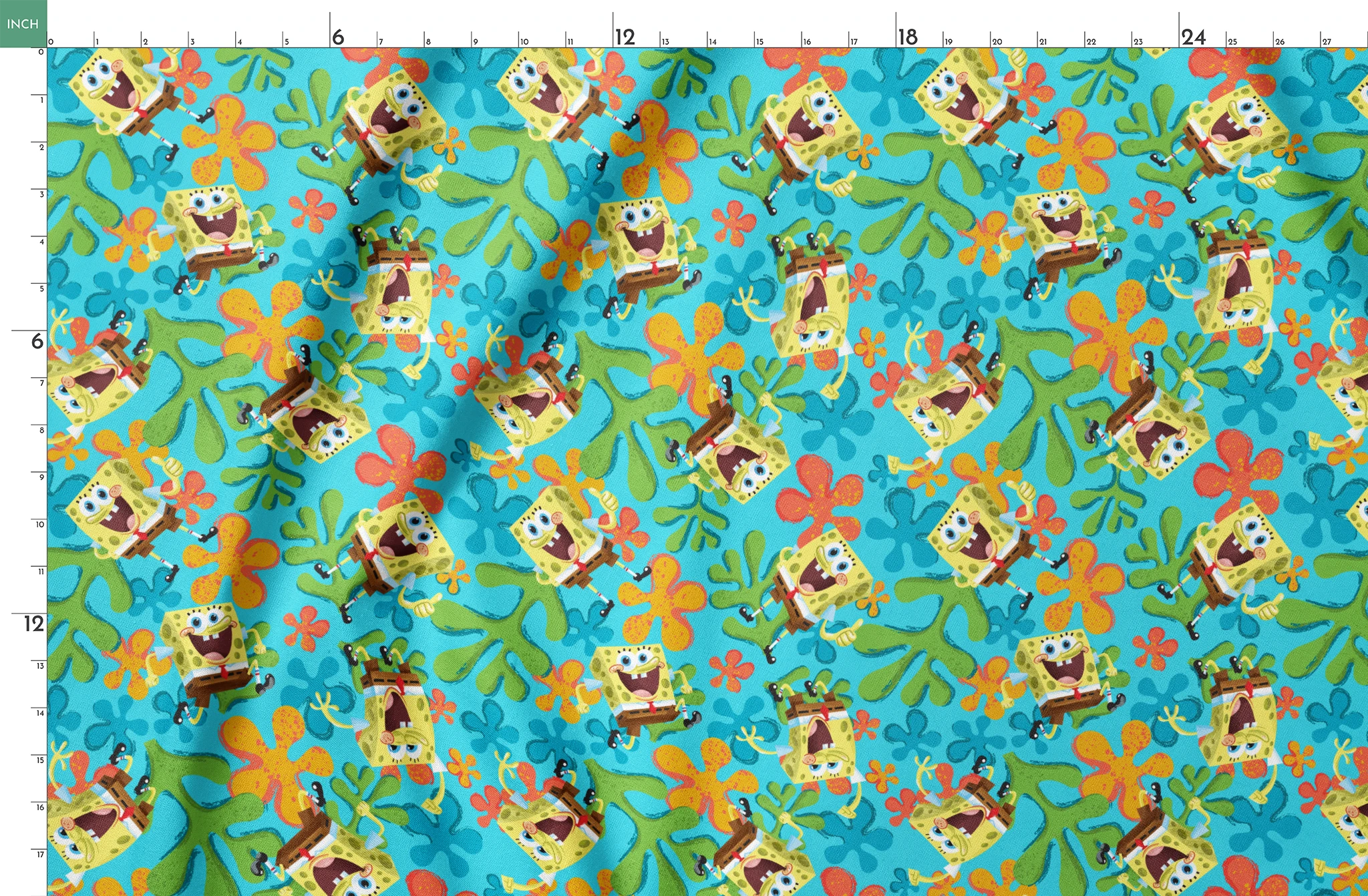SpongeBob SquarePants pattern with colorful orange and blue flowers on turquoise background springs fatquarter mockup