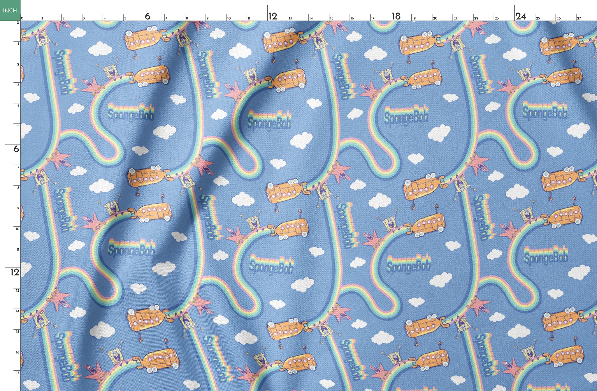 SpongeBob pattern with cartoon characters, buses, rainbows and clouds on light blue background springs fatquarter mockup