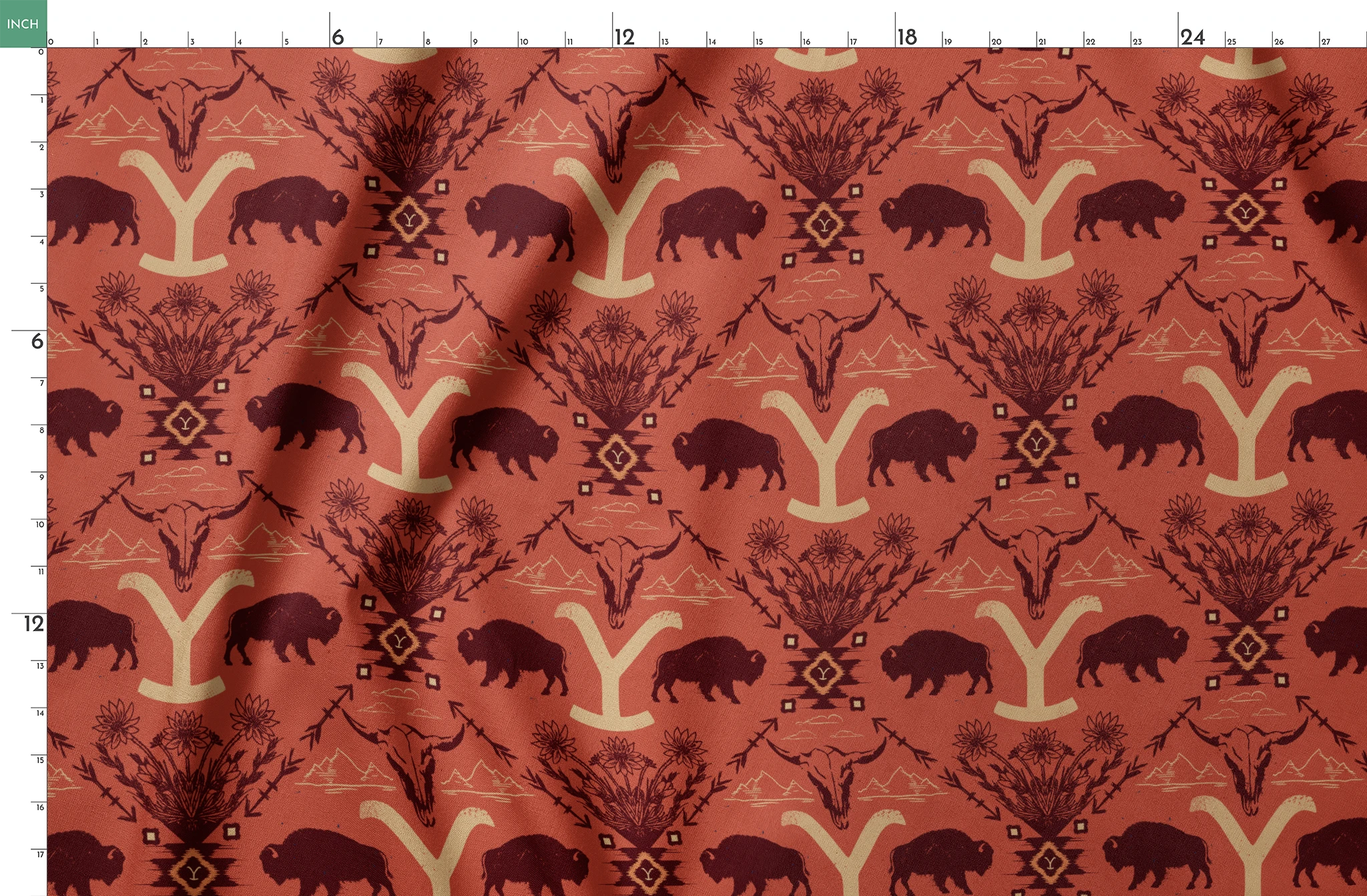 Terracotta and burgundy Yellowstone design with buffalo, skulls, wildflowers, and Western motifs. springs fatquarter mockup