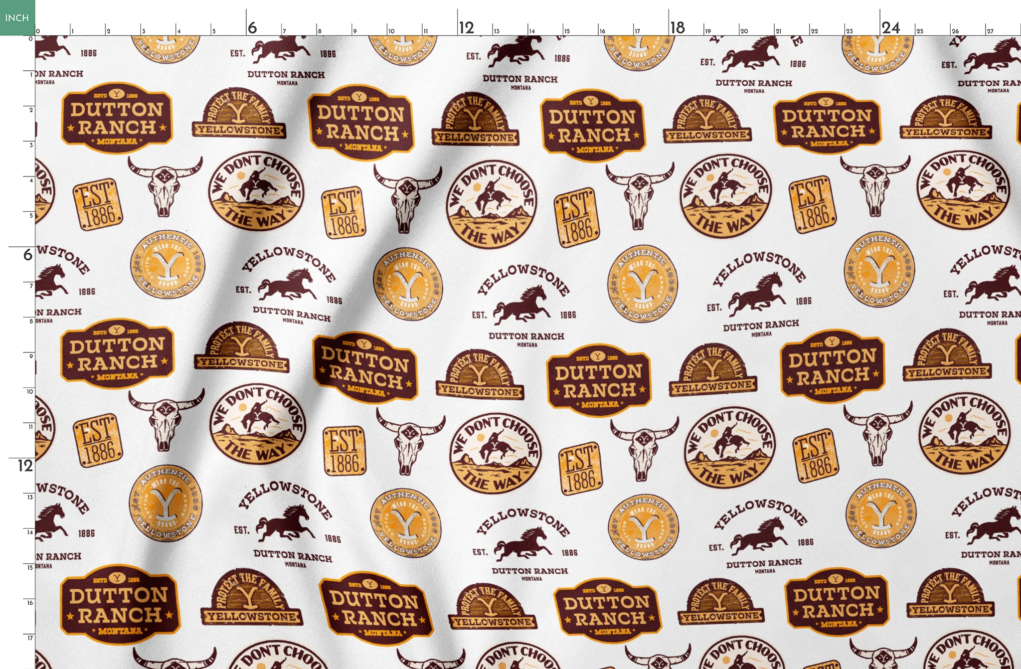 Western patch-style design featuring Dutton Ranch and Yellowstone badges in rustic tones. Great for quilting, crafts, and cowboy-inspired decor. springs fatquarter mockup