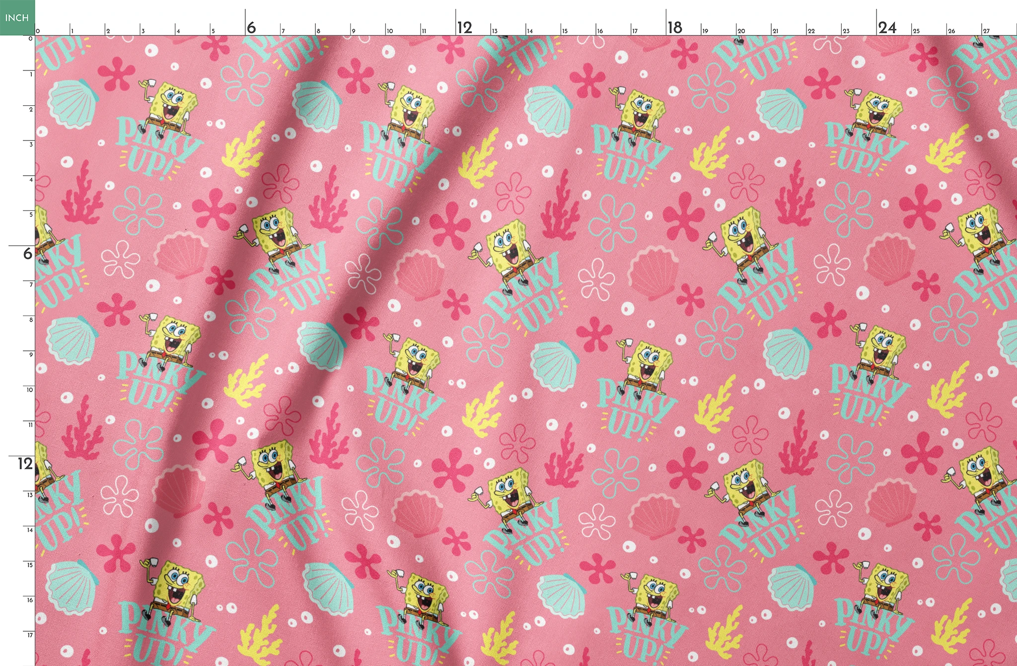 SpongeBob holding a teacup with “Pinky Up!” text, surrounded by sea shells, coral, and flower shapes on a pink background. springs fatquarter mockup