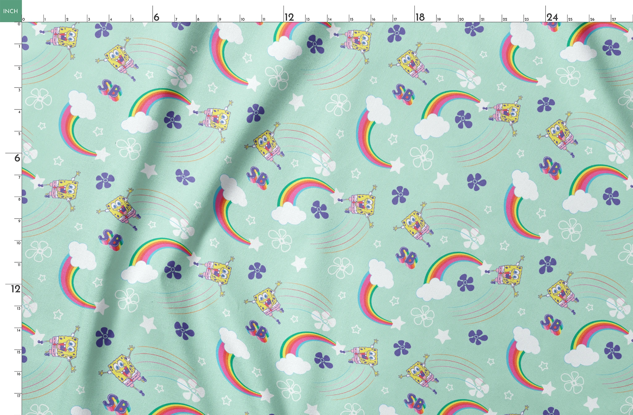 SpongeBob flying over rainbows with clouds, stars, and floral icons on a mint green background in a cheerful cartoon-style Nickelodeon design springs fatquarter mockup