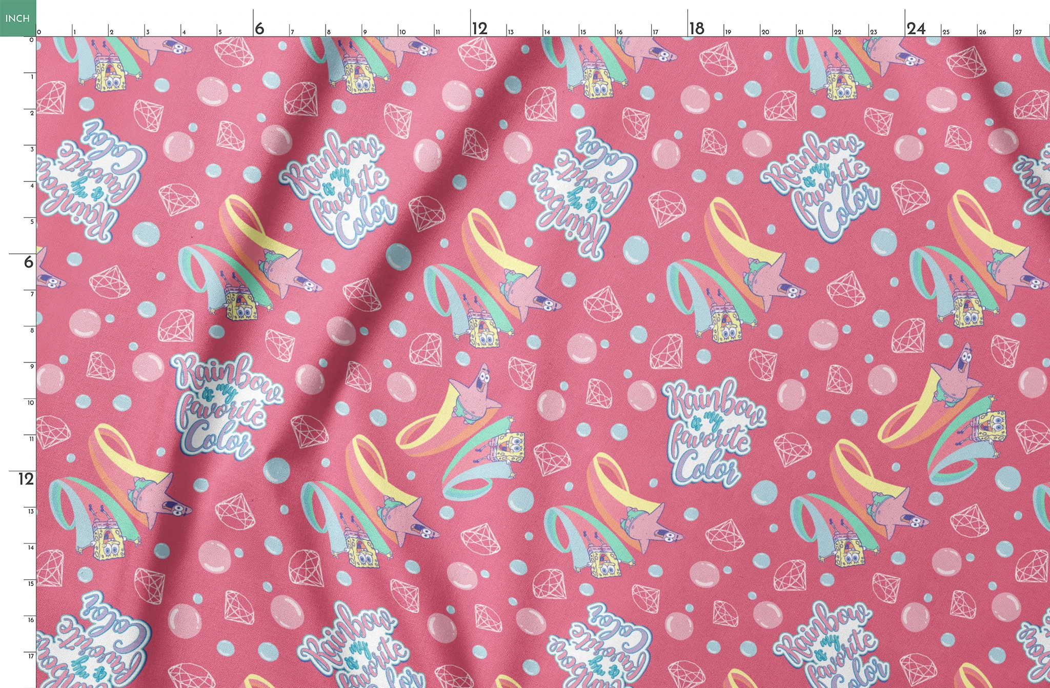 Patrick Star floats among pastel rainbows, bubbles, and gems on a pink background with the phrase “Rainbow is my favorite color” in a SpongeBob design springs fatquarter mockup