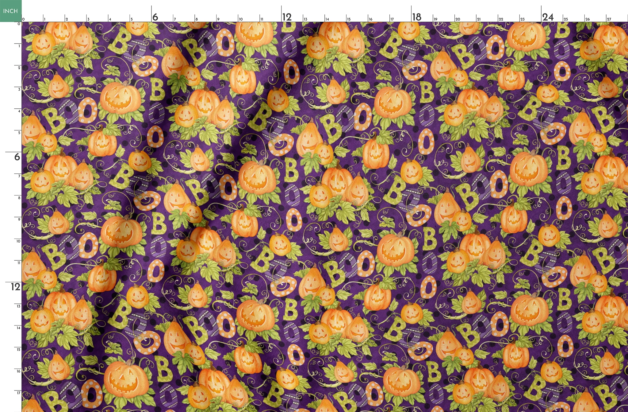 Halloween fabric by Nicole Tamarin with smiling jack-o’-lanterns, “BOO” text, vines, and leaves on a purple background. springs fatquarter mockup
