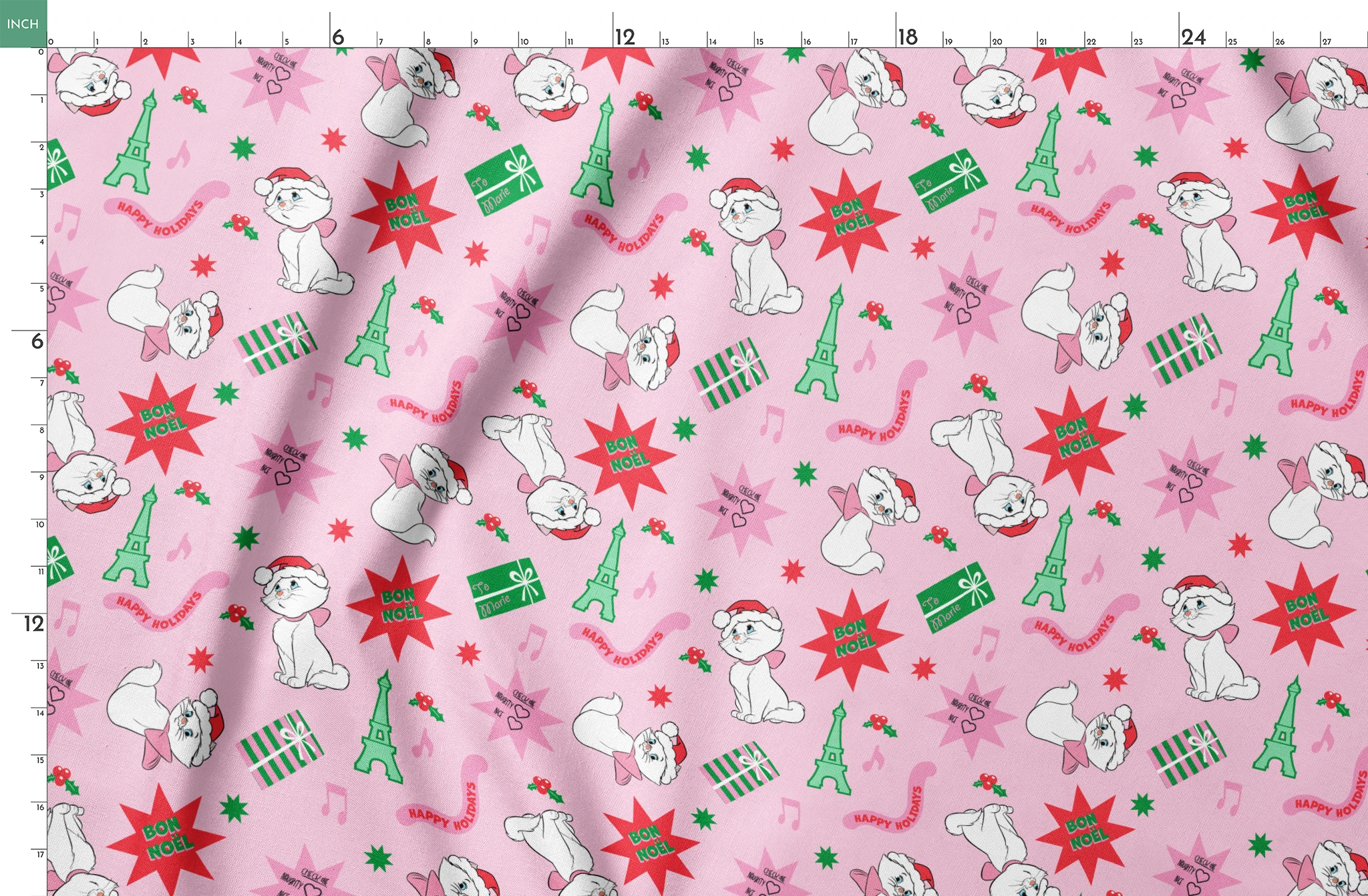 Holiday pattern with Marie from The Aristocats in Santa hats, Eiffel Towers, "Noel" text, and festive stars on pink background springs fatquarter mockup