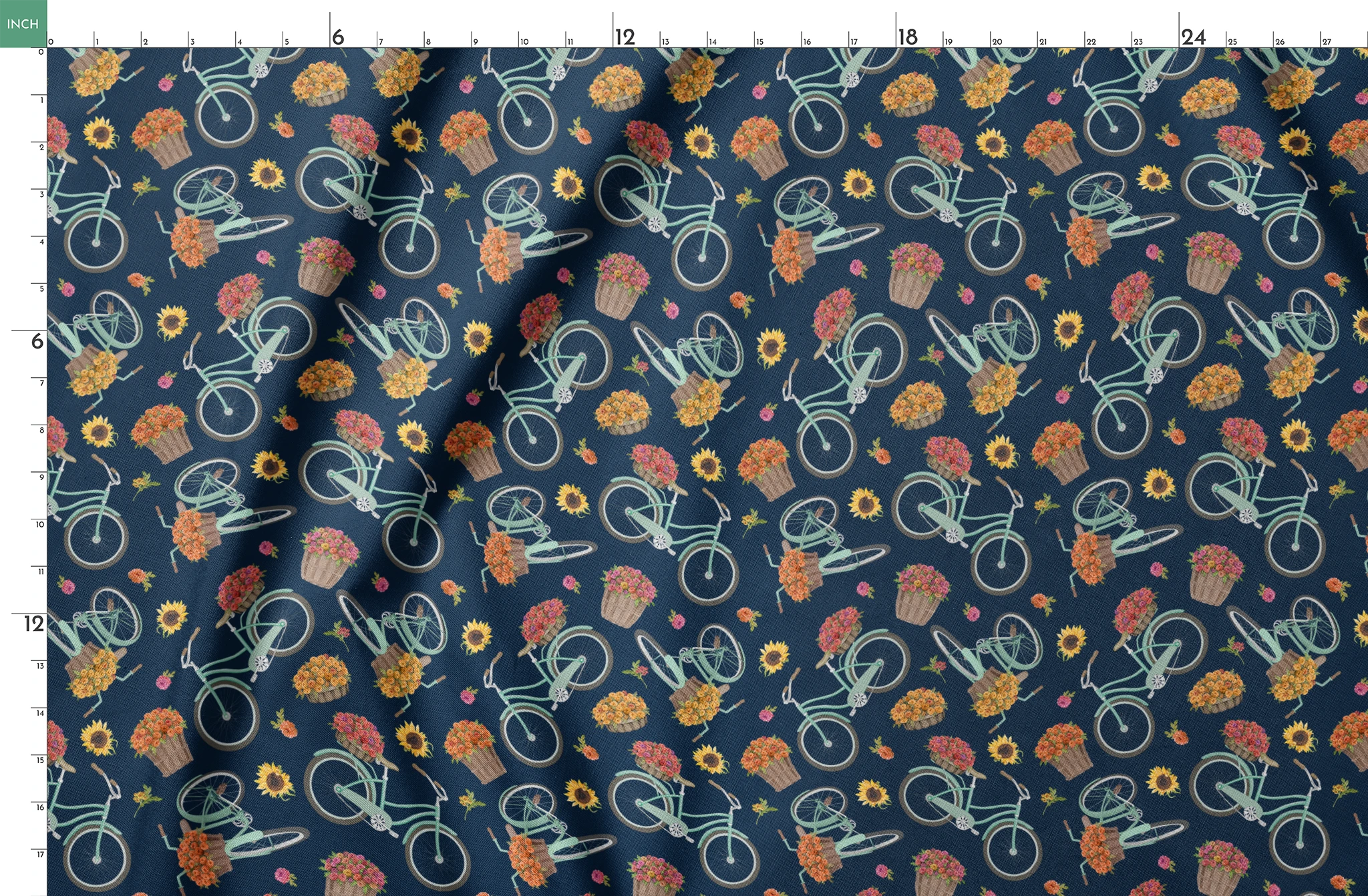 Teal vintage bikes with baskets of fall flowers on a navy background, inspired by cozy fall market scenes. springs fatquarter mockup