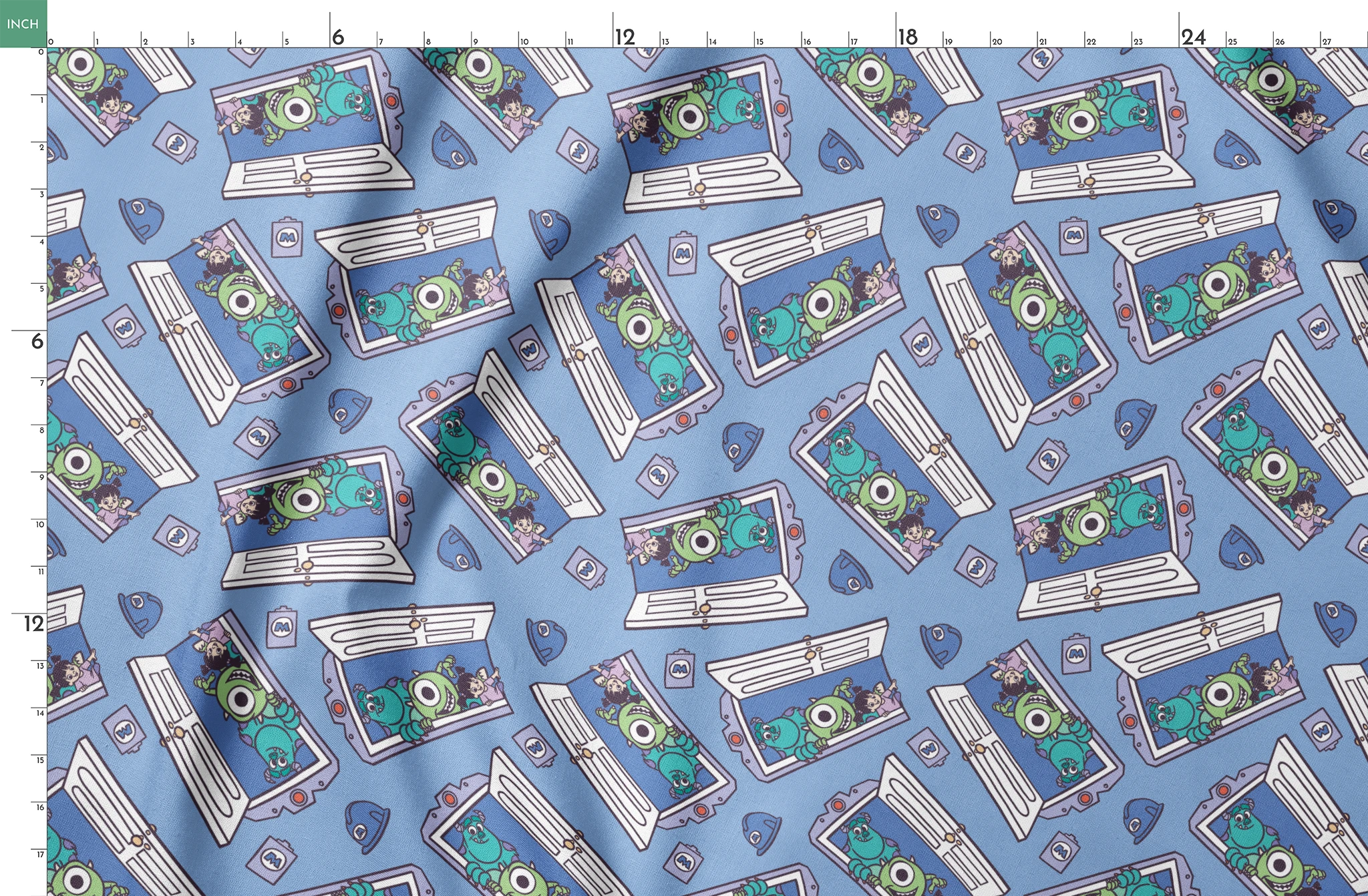 Monsters Inc characters Mike and Sully peeking through doorways on blue background pattern springs fatquarter mockup