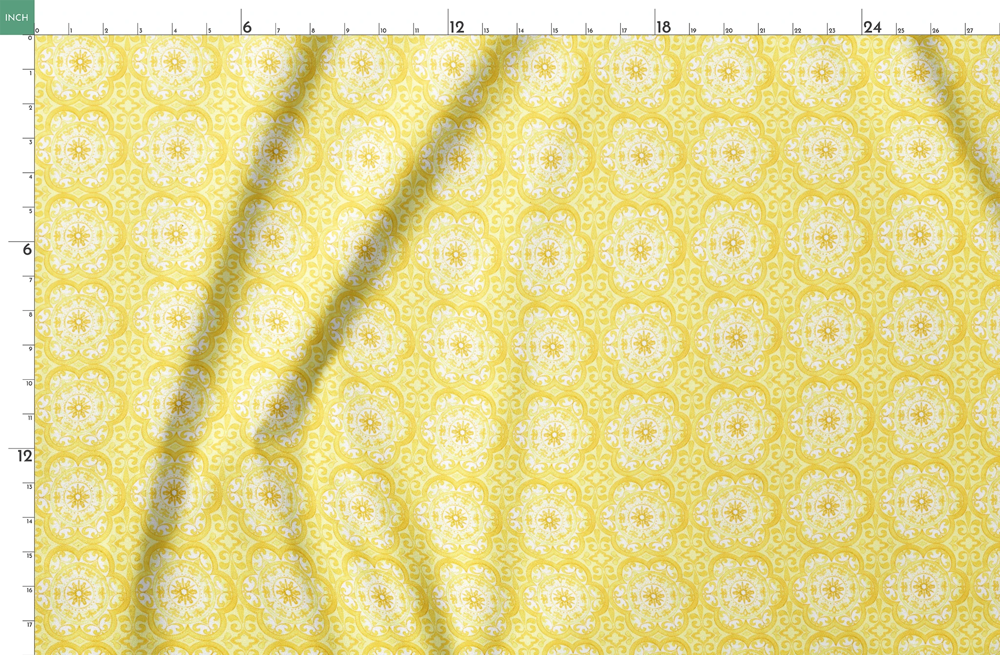 Bright yellow decorative pattern with white floral medallions in repeating ornamental design springs fatquarter mockup