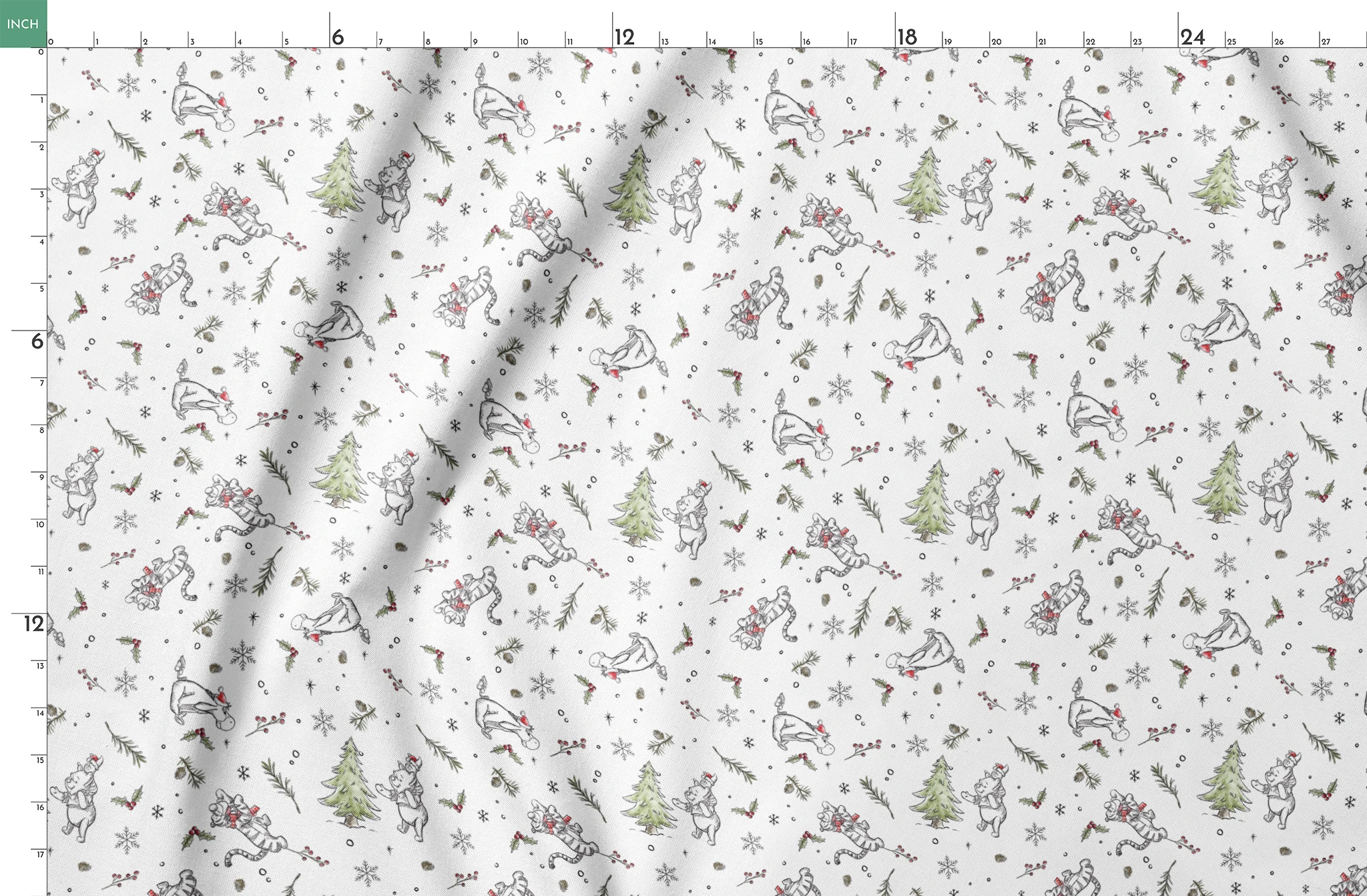 Delicate white winter pattern with cartoon mice, pine trees, holly berries, and snowflakes springs fatquarter mockup