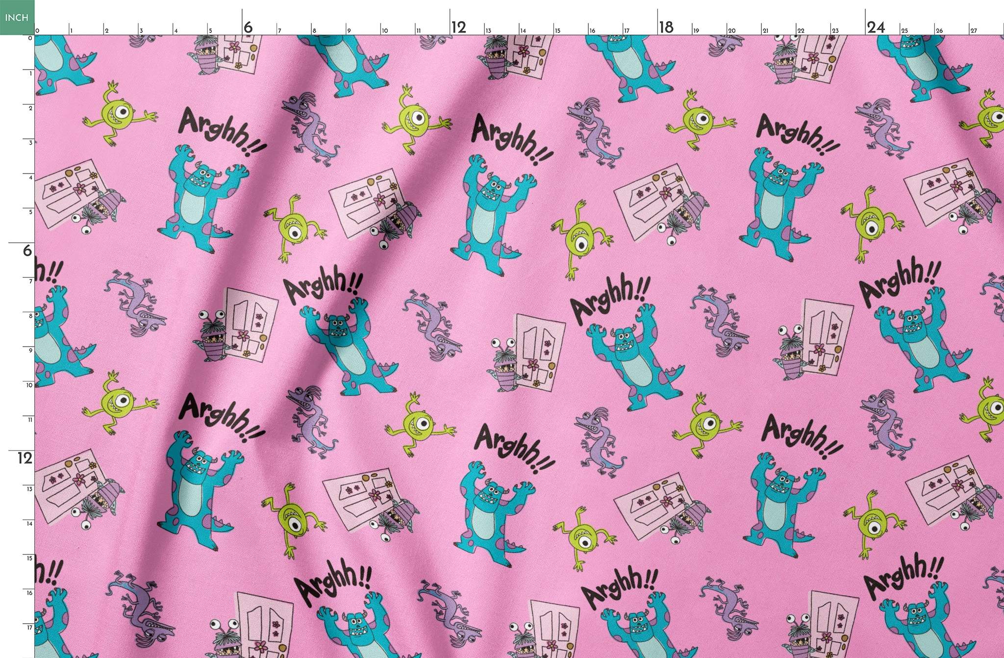 Cartoon monster pattern with blue creatures, green one-eyed characters, and "Arghh!!" text on pink background springs fatquarter mockup