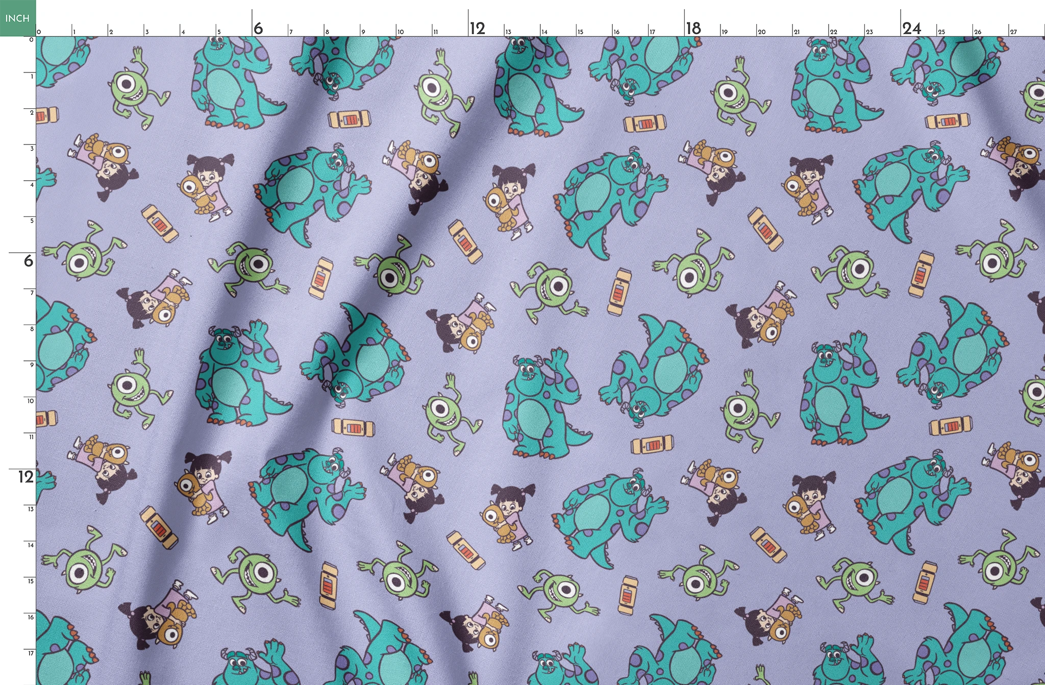 Cartoon pattern of Monsters Inc characters - Mike, Sulley, and Boo - on a purple background springs fatquarter mockup