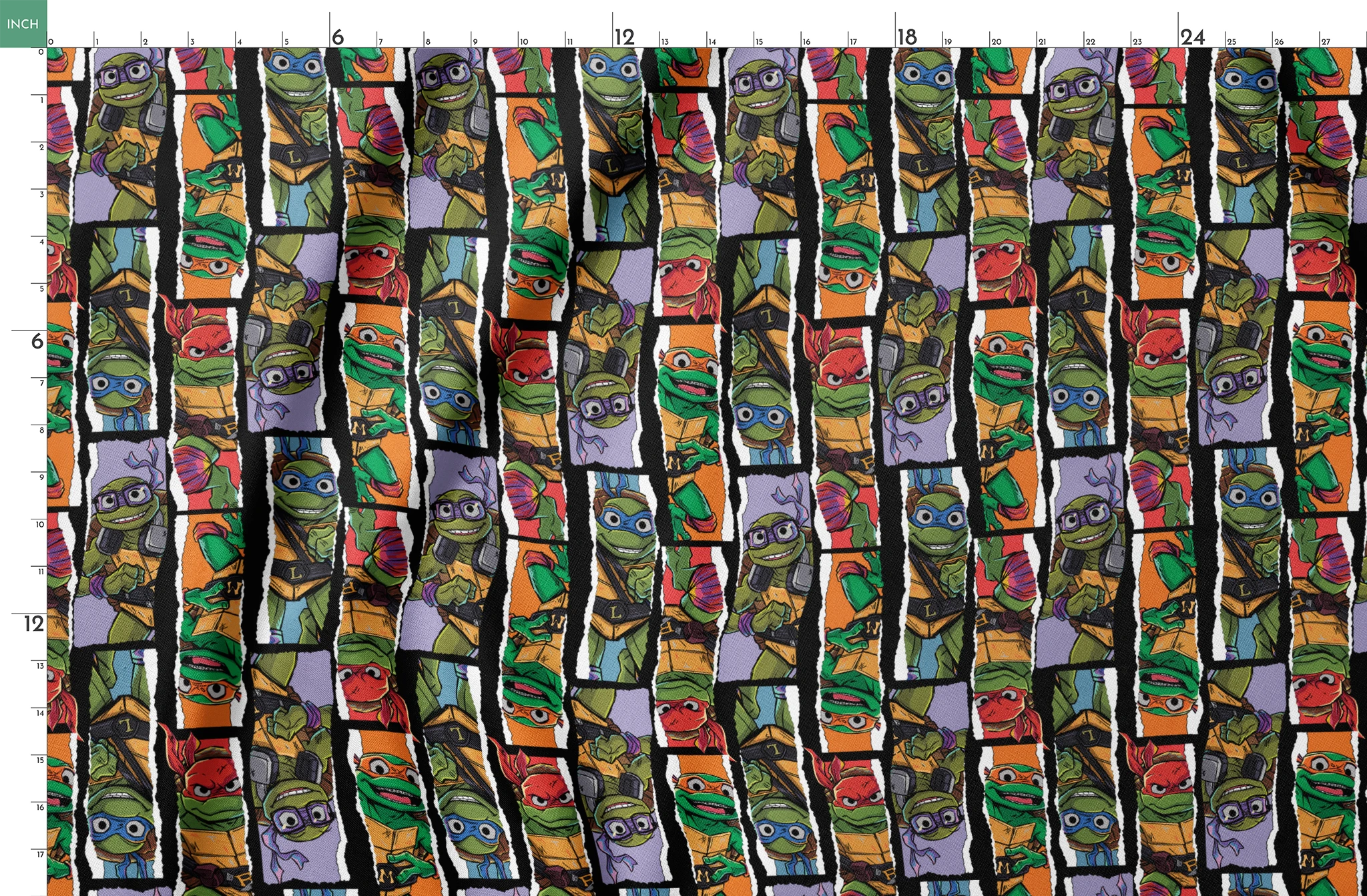 Teenage Mutant Ninja Turtles torn panel design with Leonardo, Donatello, Michelangelo, and Raphael in colorful comic-style art by Nickelodeon. springs fatquarter mockup