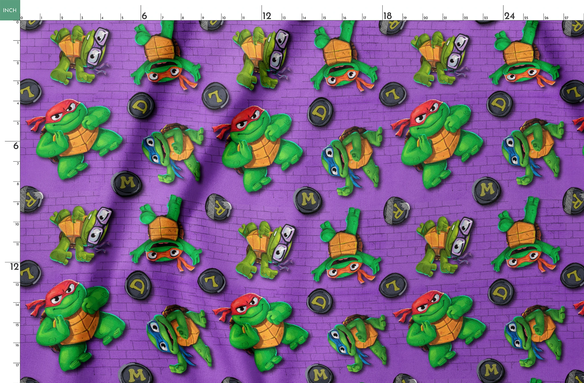 Teenage Mutant Ninja Turtles characters on a purple brick background with lettered manhole covers. springs fatquarter mockup