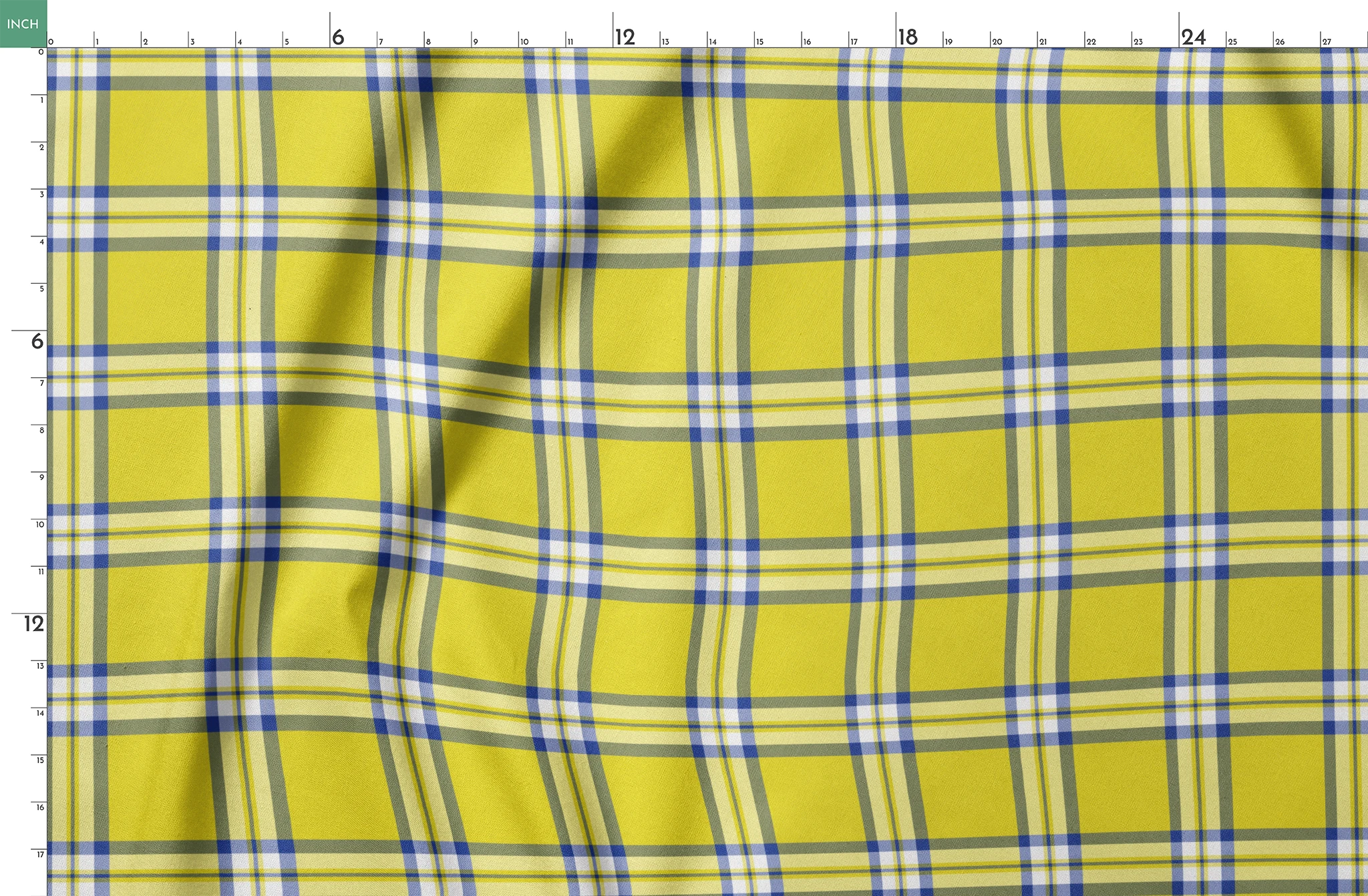 Officially licensed Clueless yellow plaid with white, olive green, and blue stripes, inspired by Cher Horowitz’s iconic outfit. springs fatquarter mockup