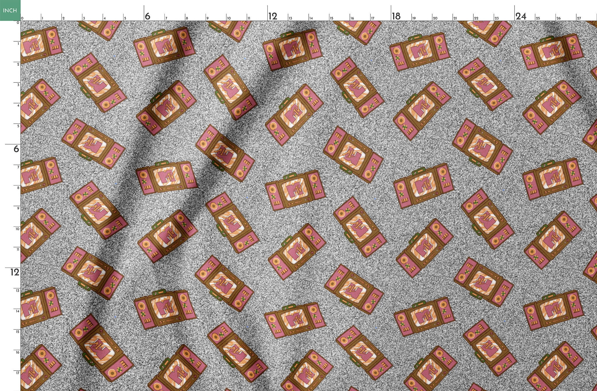 Pink and brown retro televisions with the MTV logo over a grainy gray static background in a scattered repeat. springs fatquarter mockup