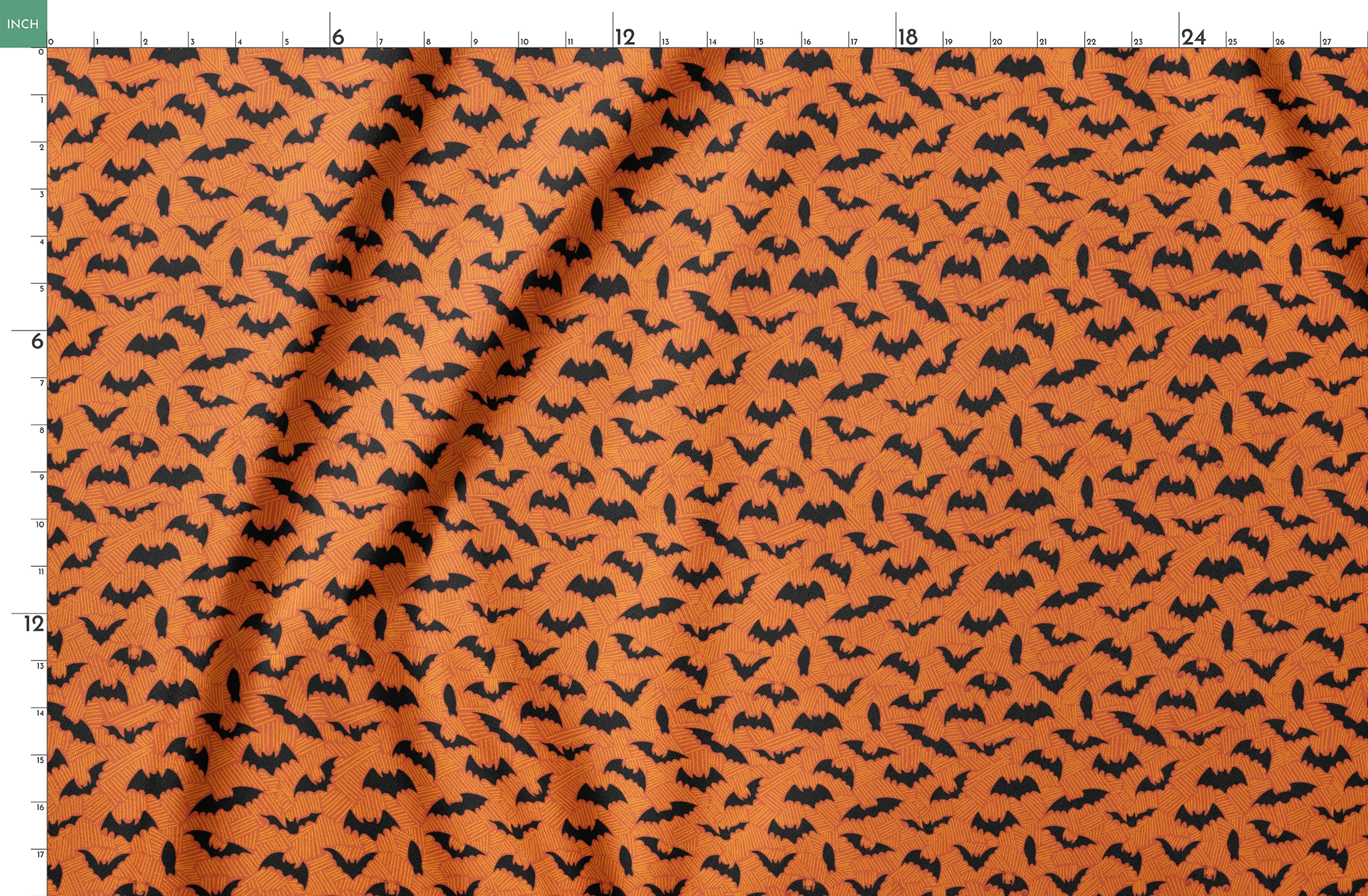 Halloween pattern with black bats scattered across an orange textured background springs fatquarter mockup