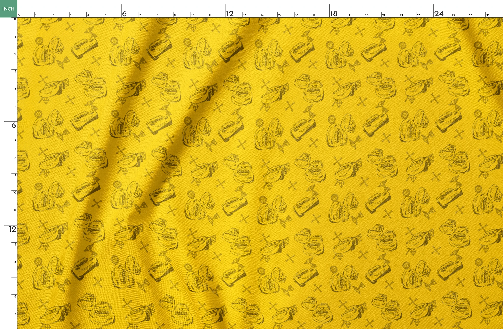 Yellow background with cartoon race cars, tires, and tool icons in a repeating pattern design springs fatquarter mockup