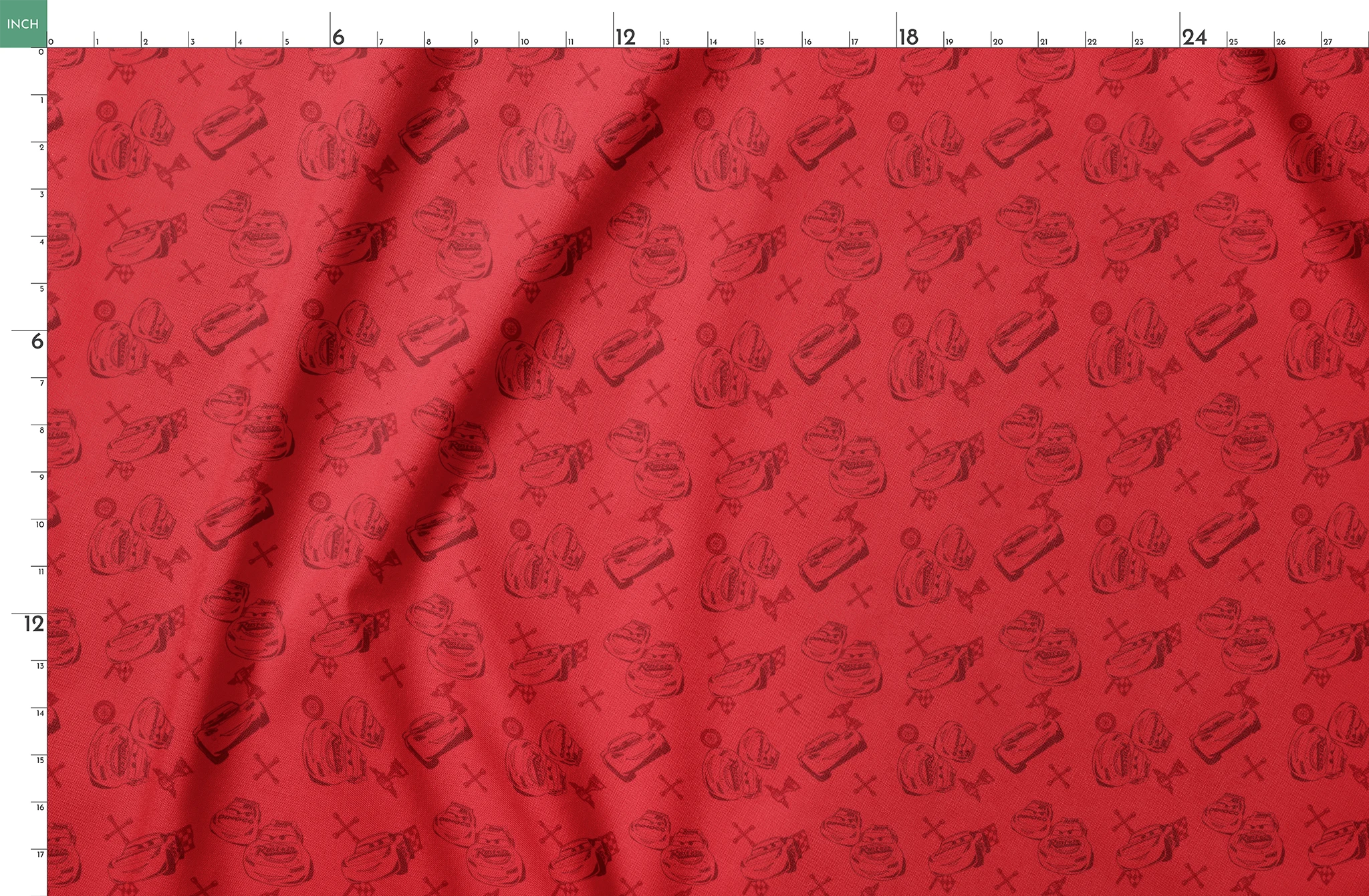 Red background with hand-drawn cartoon cars, tires, and tools in a repeating pattern springs fatquarter mockup