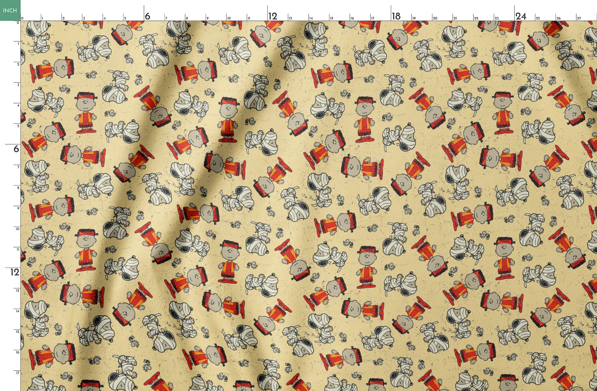 Peanuts characters pattern with Charlie Brown and Snoopy in halloween attire on beige background springs fatquarter mockup