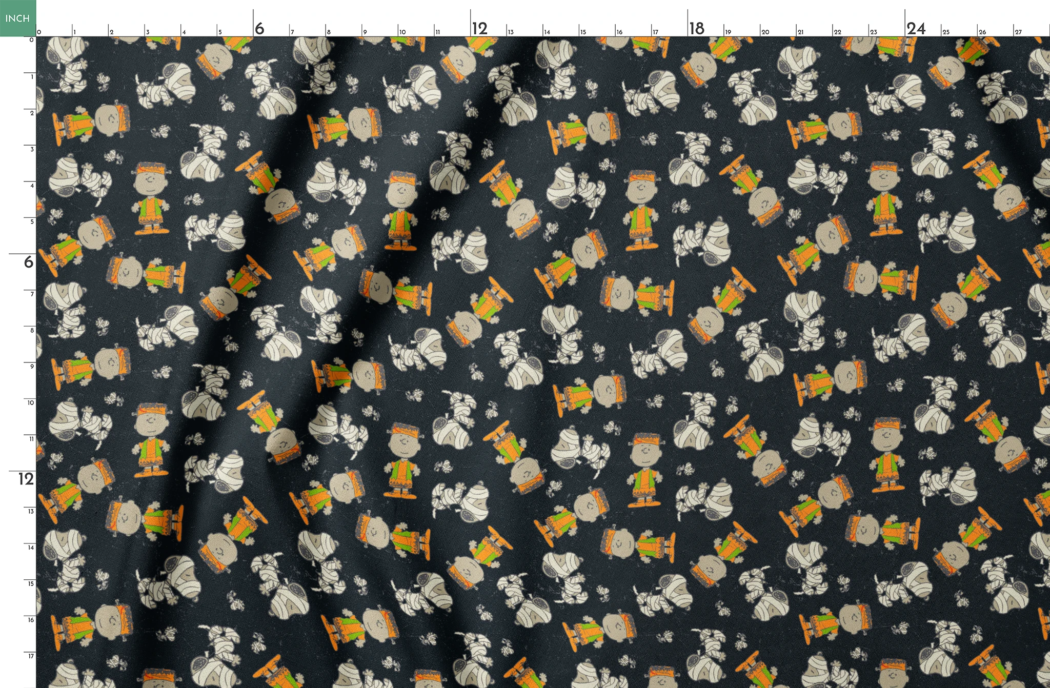 Peanuts characters pattern on black background featuring Snoopy and Charlie Brown in fall outfits springs fatquarter mockup