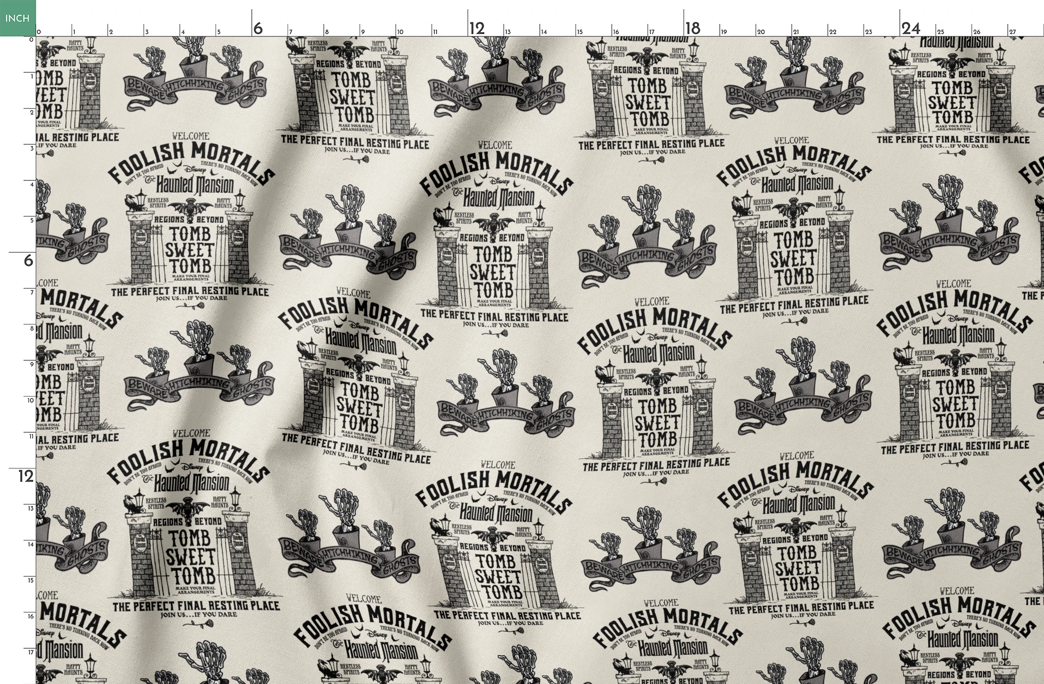 Repeating pattern of "Foolish Mortals" Haunted Mansion signage with ornate tomb designs in vintage black and cream style springs fatquarter mockup
