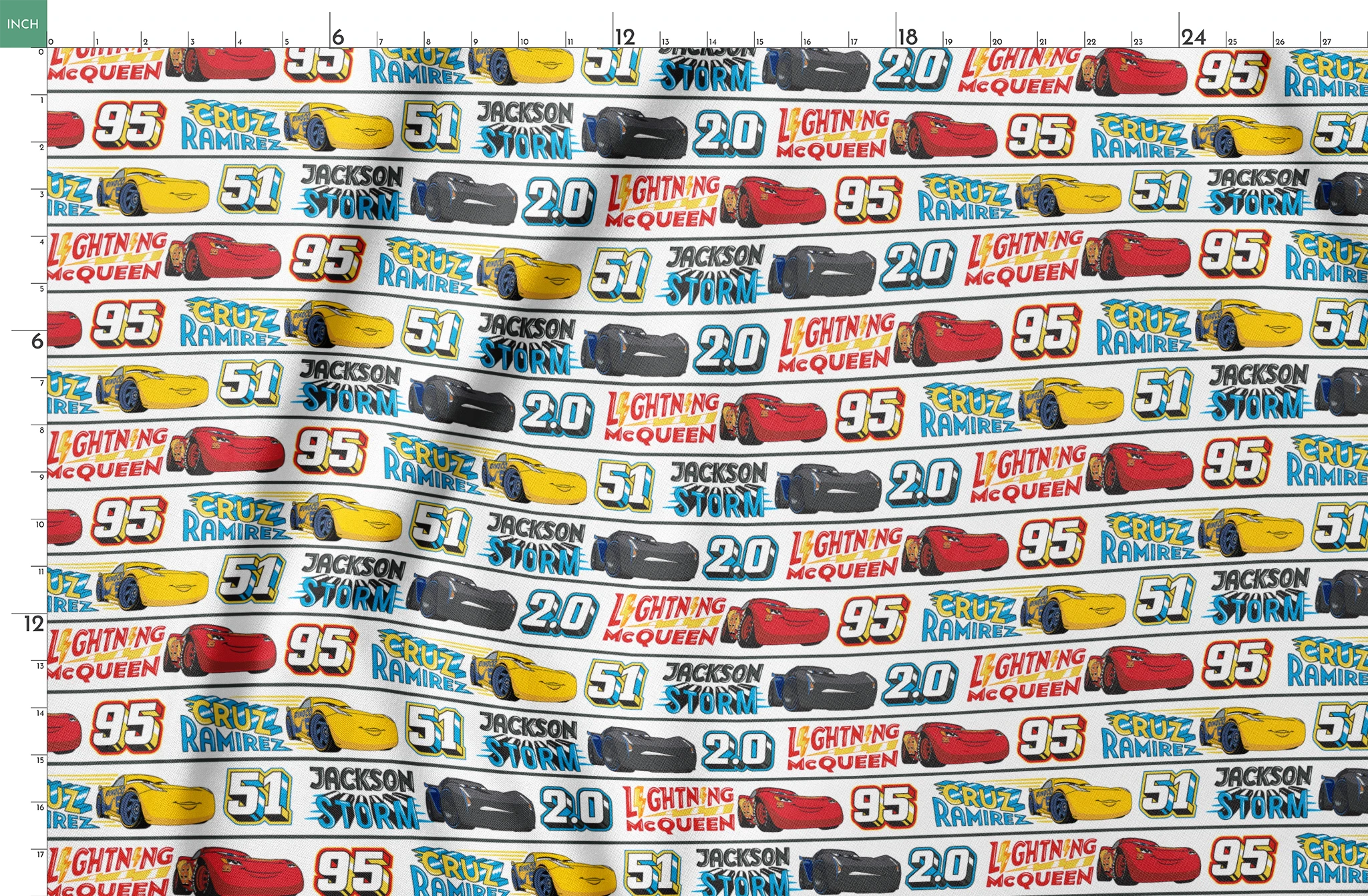 Disney Cars character ribbon with Lightning McQueen 95, Cruz Ramirez 51, and Jackson Storm 20 repeated pattern springs fatquarter mockup