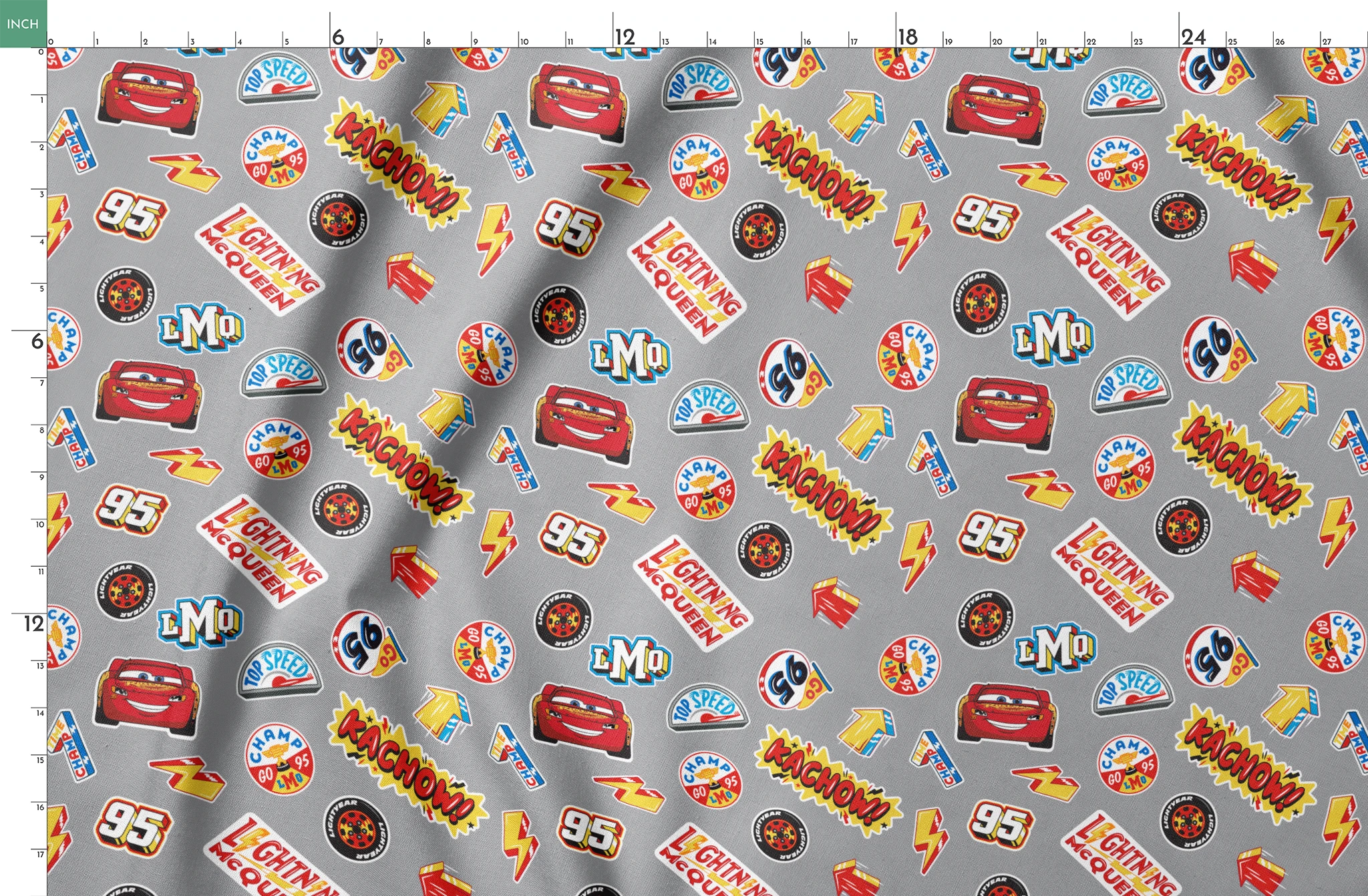 Colorful Disney Cars movie stickers featuring Lightning McQueen, racing logos, and numbers on gray background springs fatquarter mockup