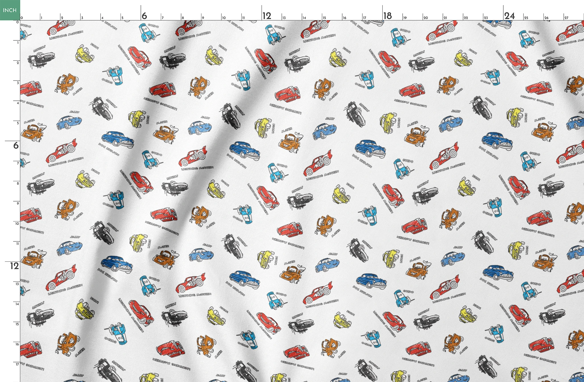 Colorful cartoon race cars in various colors scattered on white background with small text labels springs fatquarter mockup