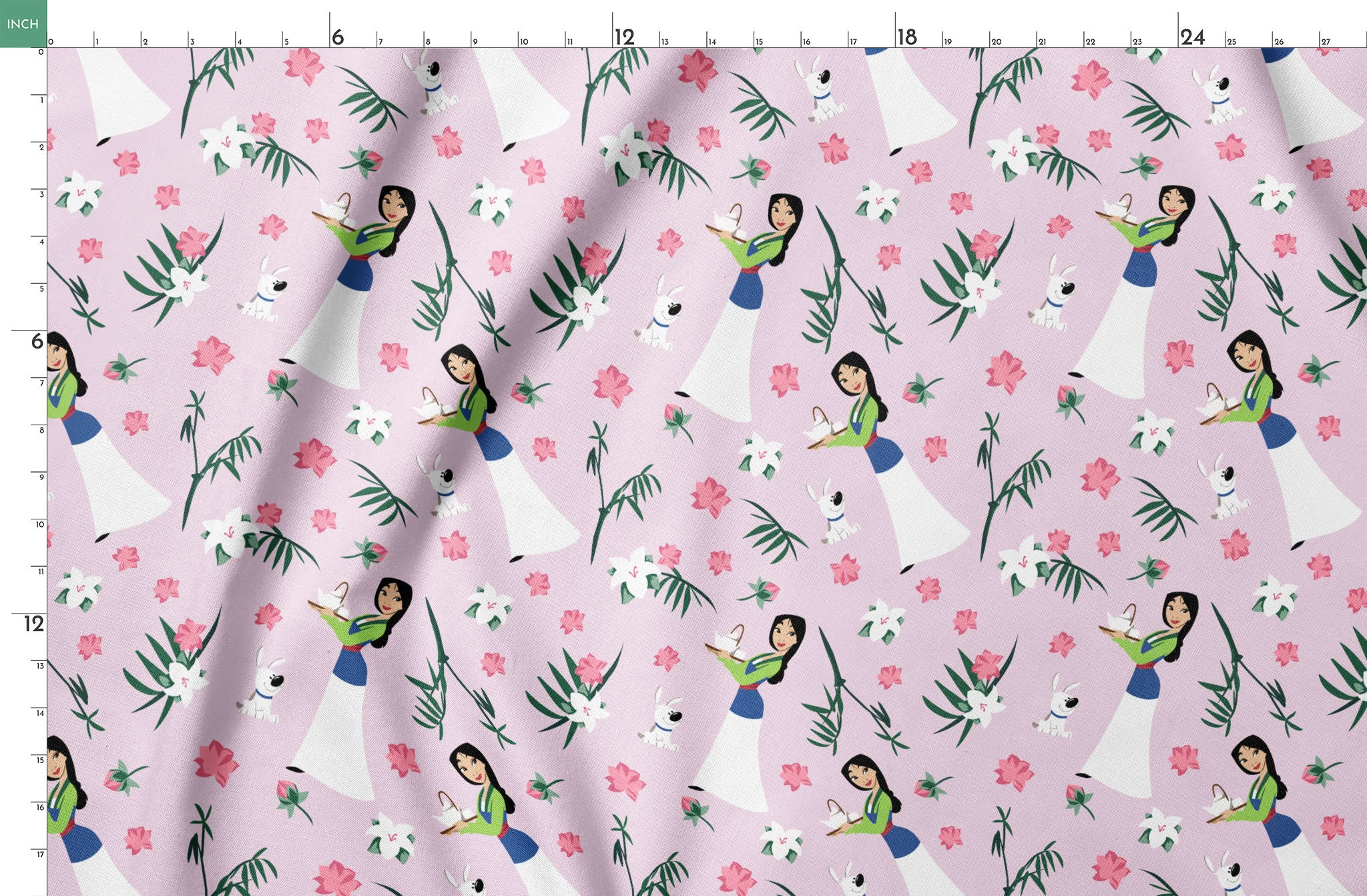 Illustrated pattern on light purple background with cartoon figures in white dresses, pink flowers, green palm leaves, and white rabbits. springs fatquarter mockup