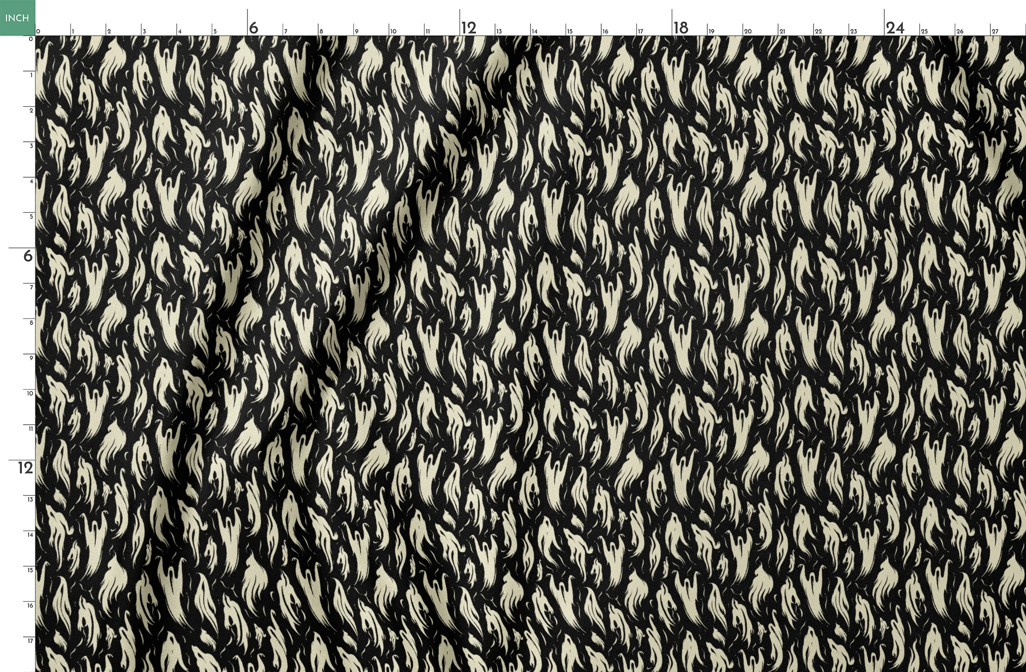 Abstract ghost-like shapes in pale cream swirling against a black background in a repeating pattern springs fatquarter mockup