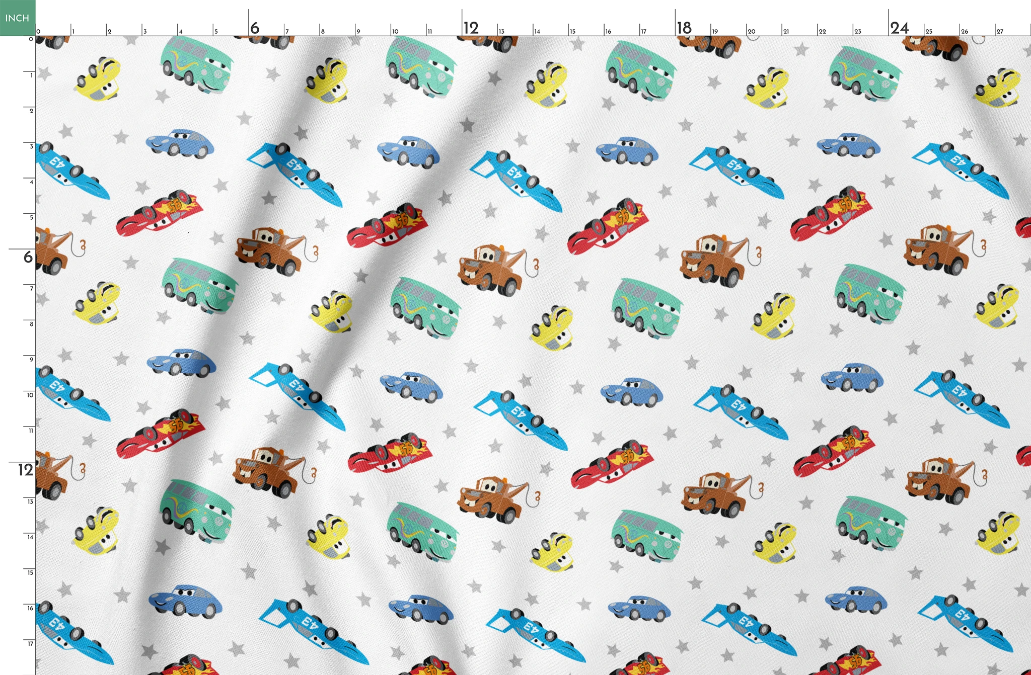 Cartoon vehicles pattern with colorful cars, trucks, and racing cars on white background with gray stars springs fatquarter mockup