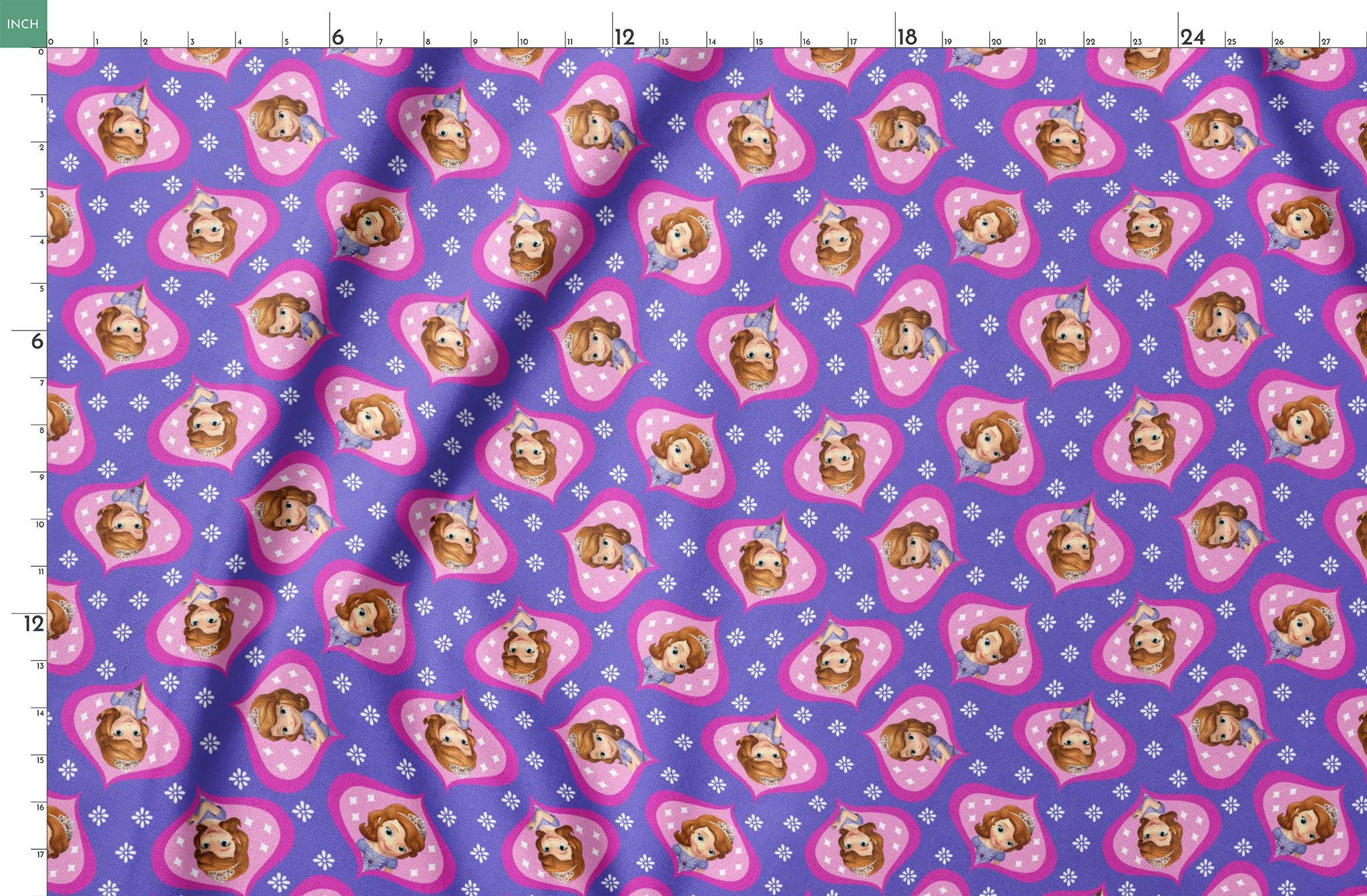 Sofia the First in pink frames pattern with white accents on purple background springs fatquarter mockup