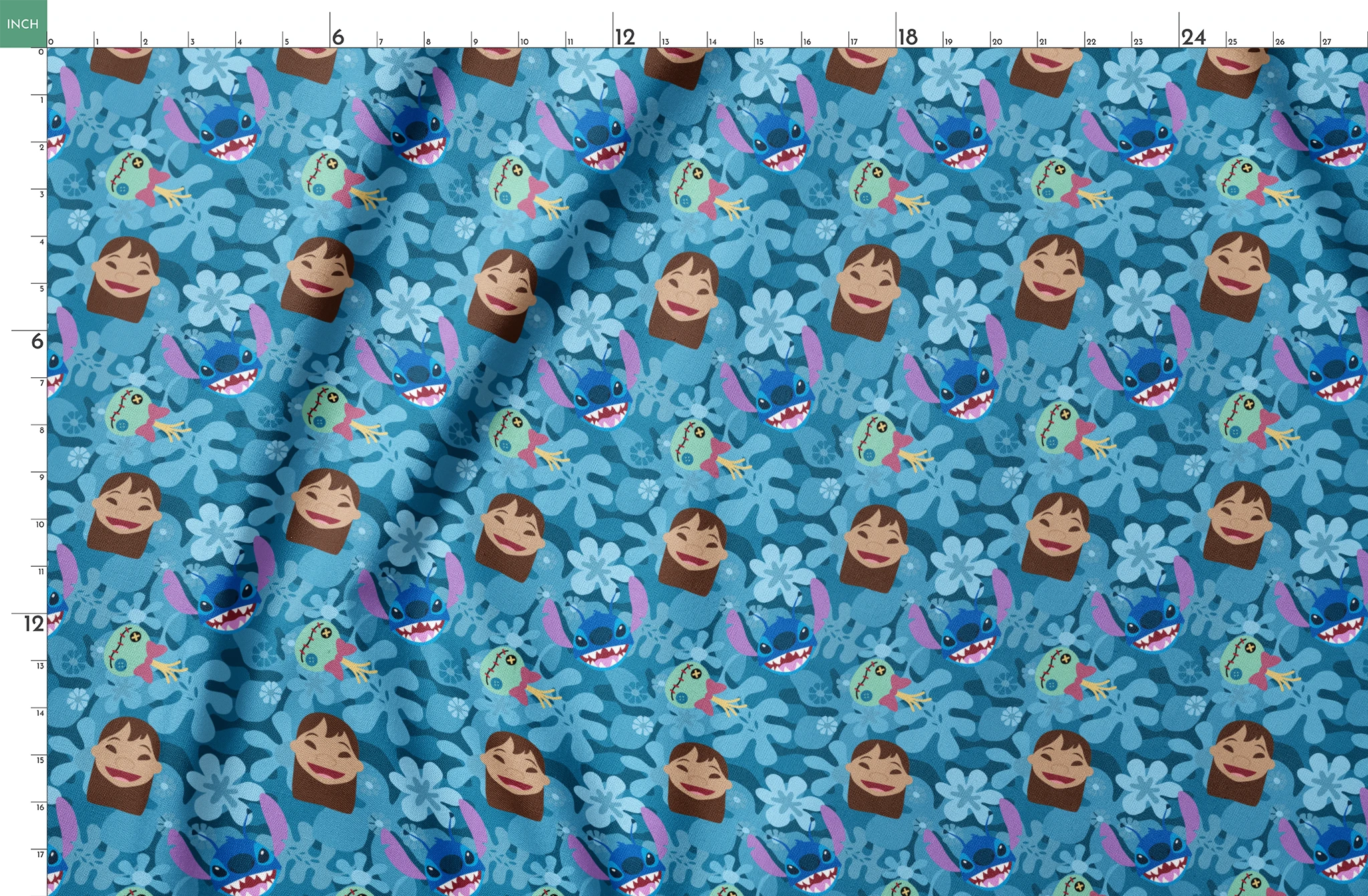 Disney's Stitch among floral elements and smiling faces on turquoise background springs fatquarter mockup