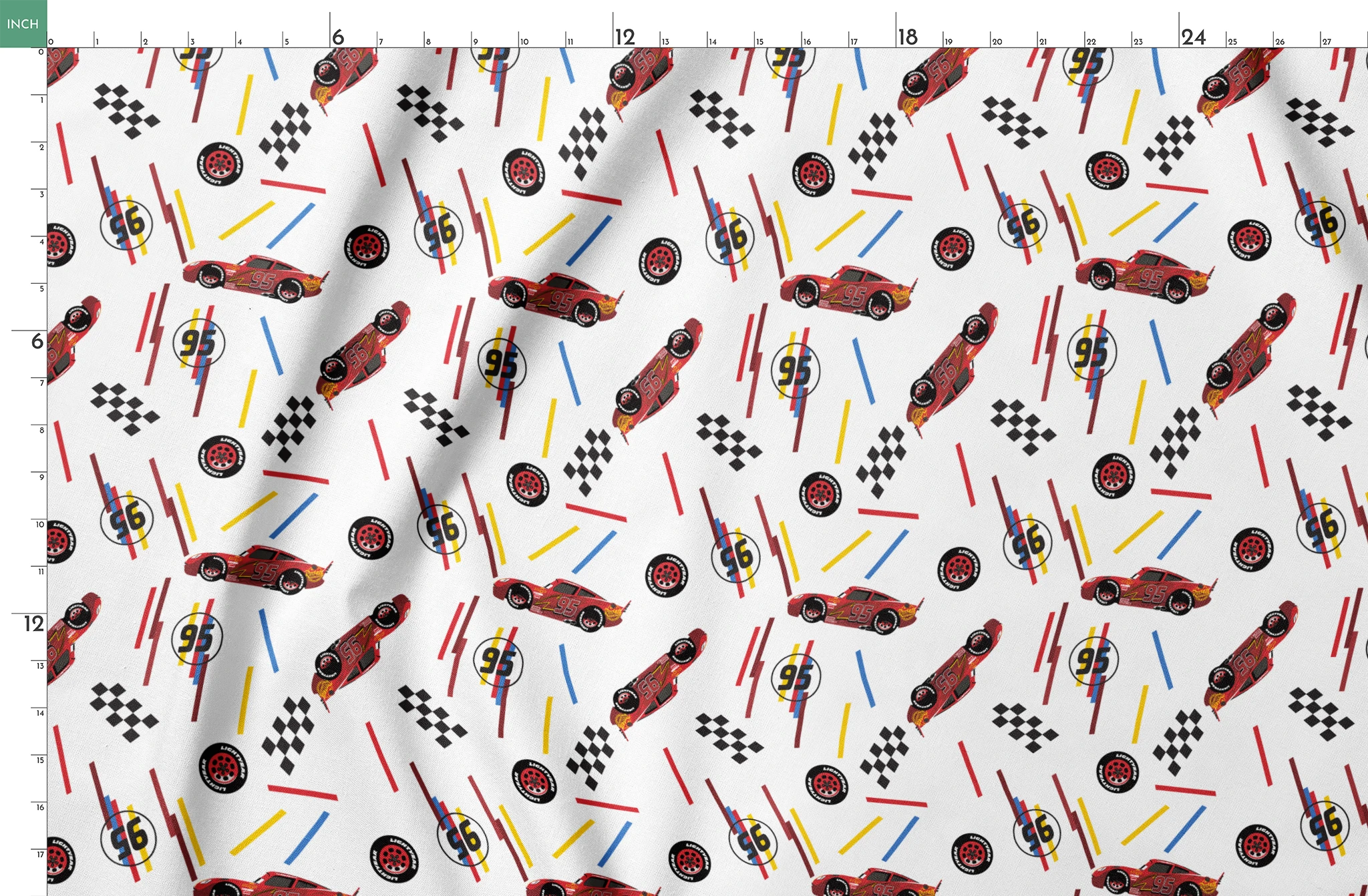 Racing car pattern with red toy cars, checkered flags, number 95 emblems, and colorful lines on white background springs fatquarter mockup