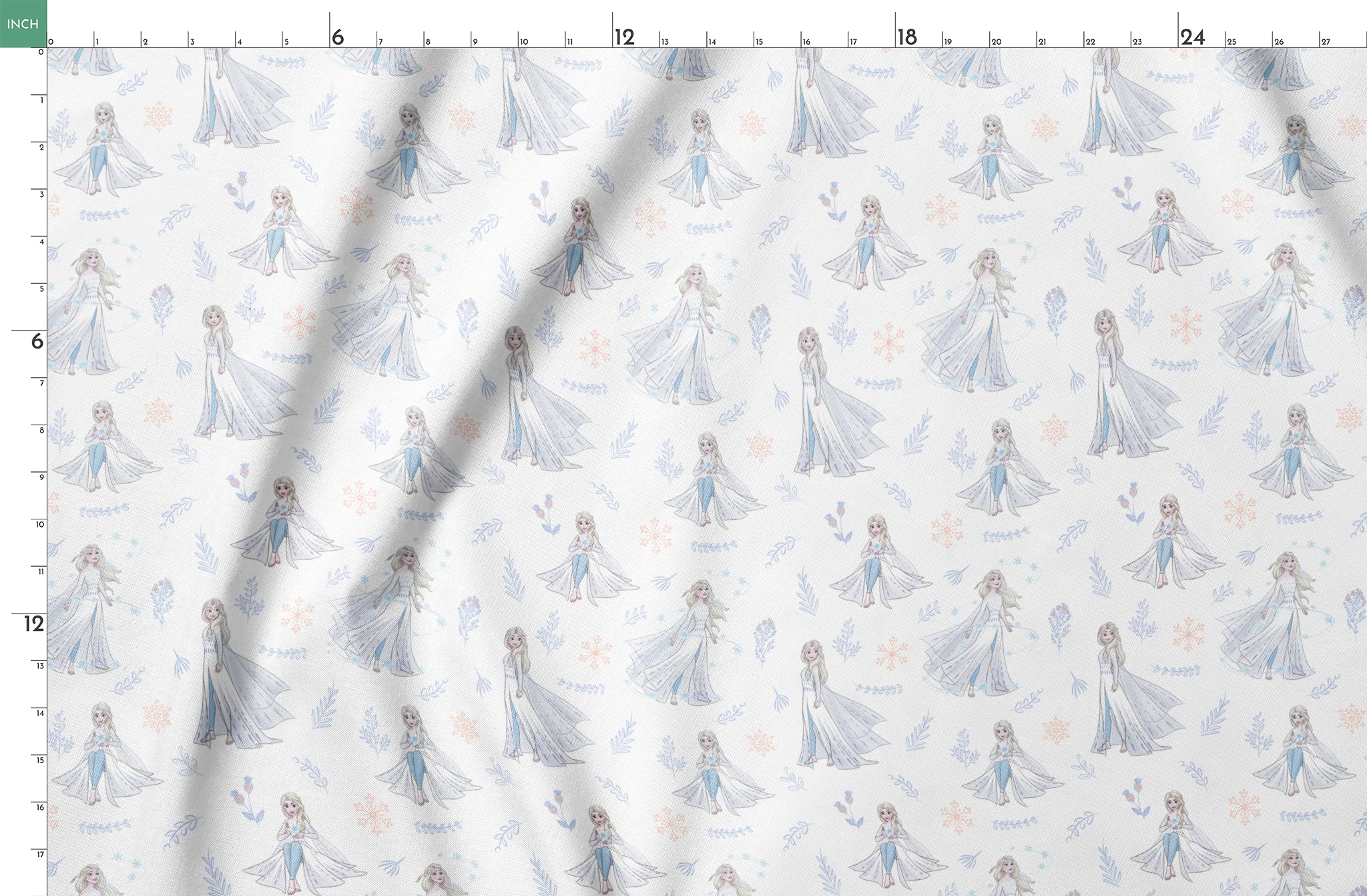 The image shows a decorative pattern featuringFrozen's Elsa, surrounded by delicate snowflakes, leaves, and floral elements in soft pastel colors on a light background. springs fatquarter mockup