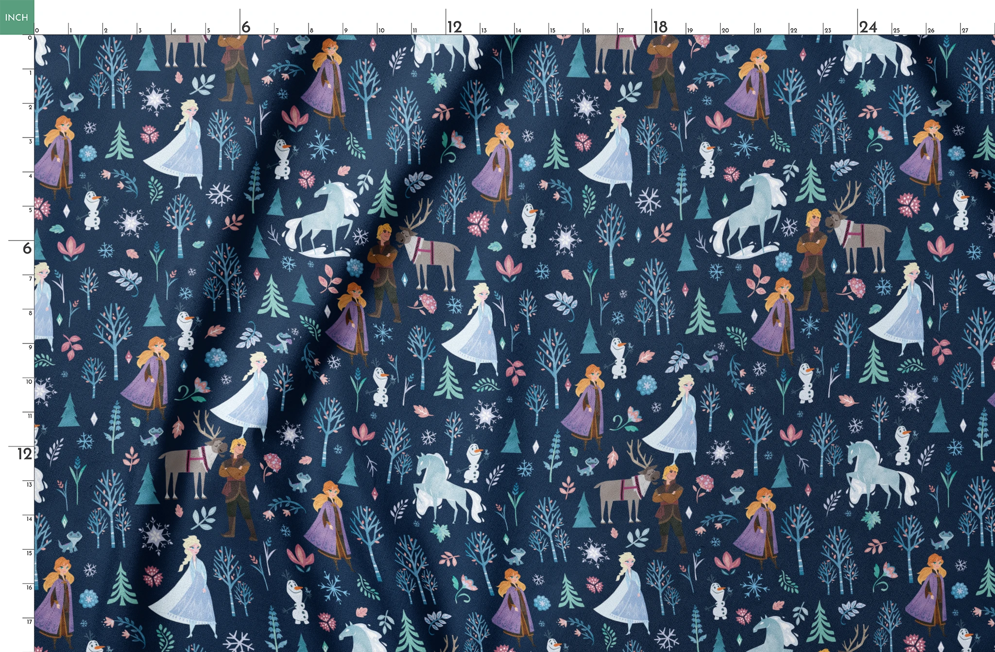 Illustrated Frozen pattern with Elsa, Anna, & friends, and floral elements on dark blue background springs fatquarter mockup
