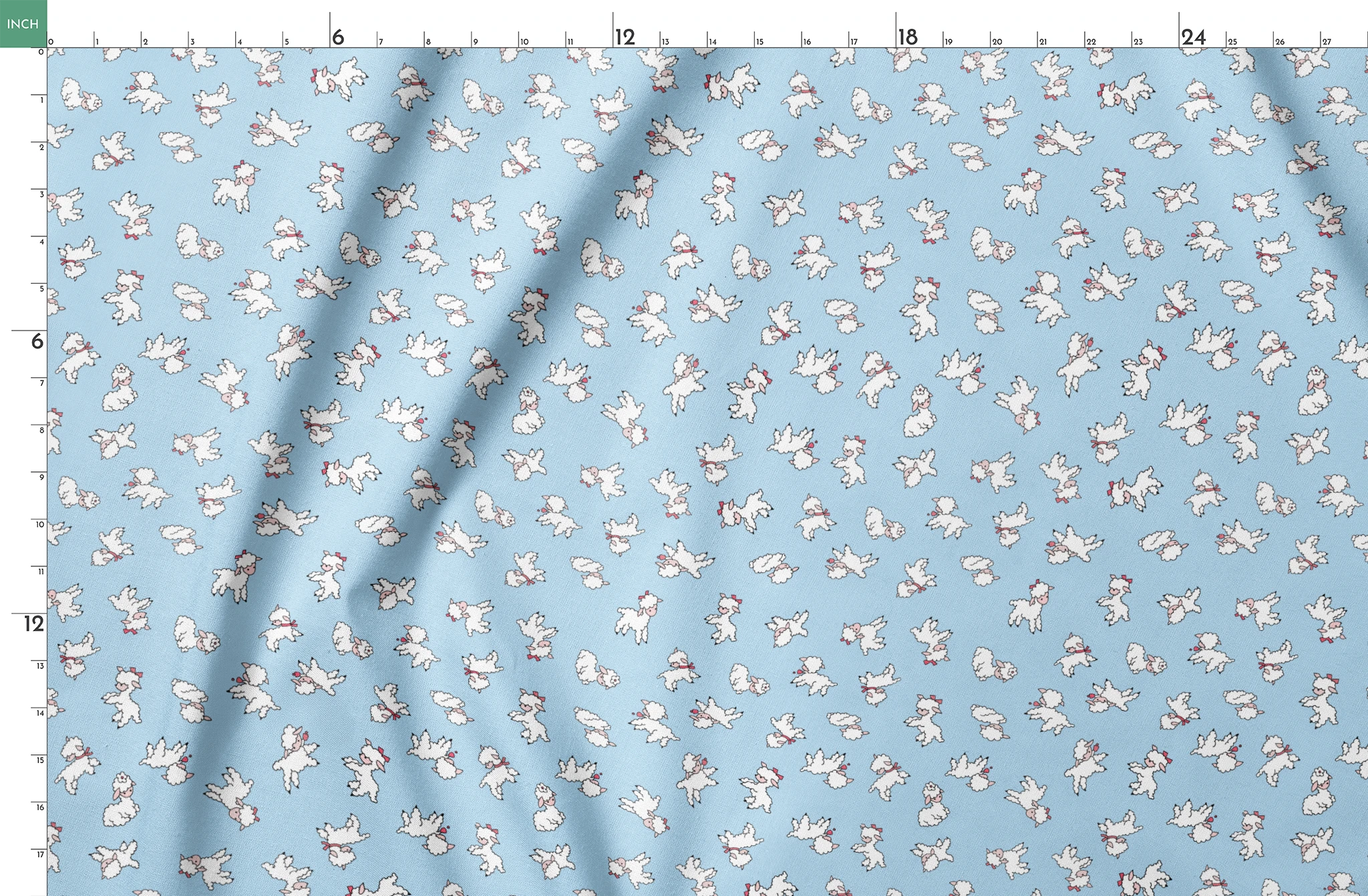 Playful white lambs pattern on light blue background with simple cartoon style illustration springs fatquarter mockup
