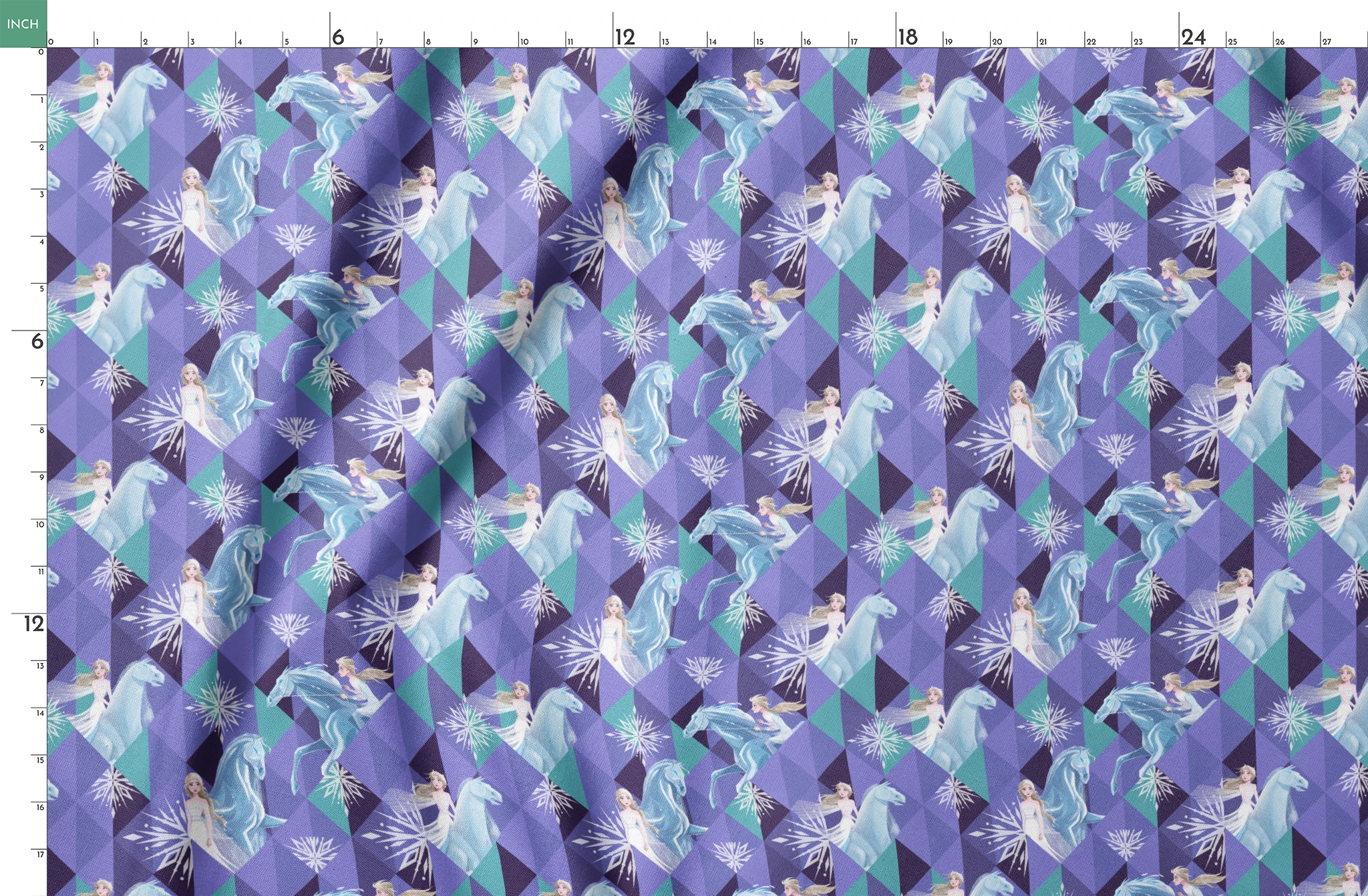 Disney's Frozen pattern with Elsa on horses against purple geometric background with snowflakes springs fatquarter mockup