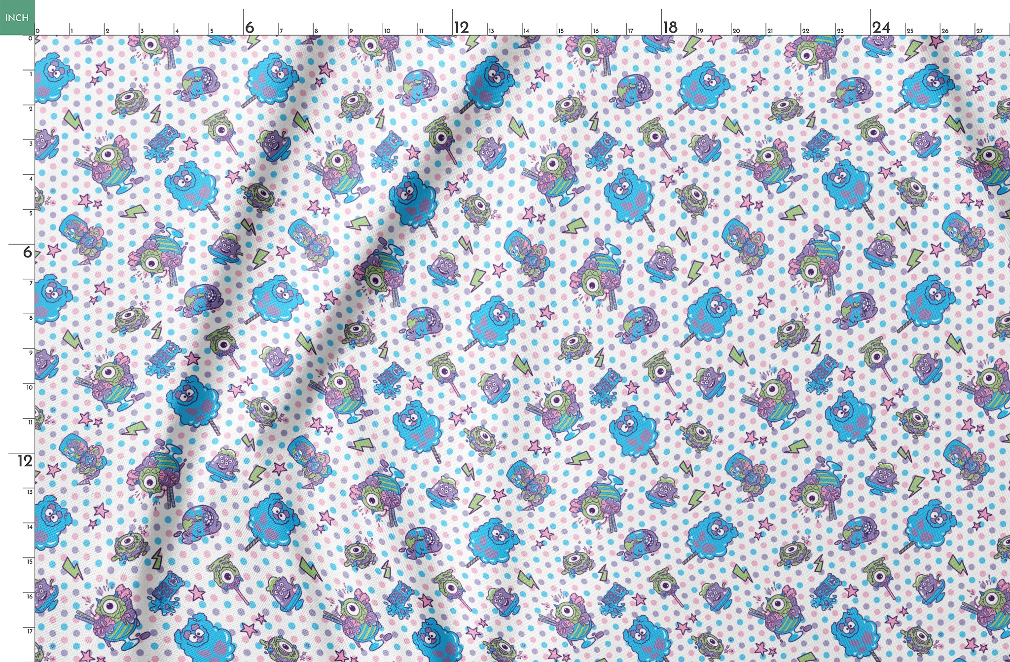 Monsters Inc inspired desserts, stars and lightning bolts on polka dot background springs fatquarter mockup