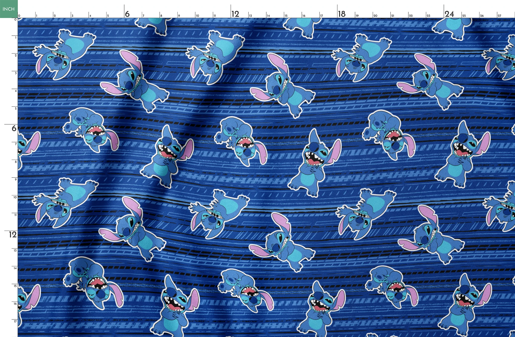 Blue background with Disney Stitch characters in various playful poses, featuring blue fur and pink ears springs fatquarter mockup