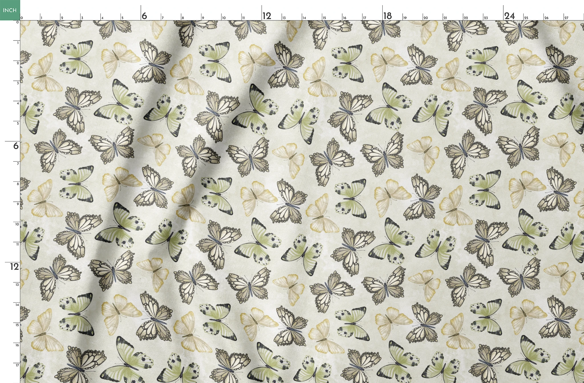 Illustrated butterfly pattern by Nicole Tamarin with soft sage green and neutral tones on a textured cream background. springs fatquarter mockup