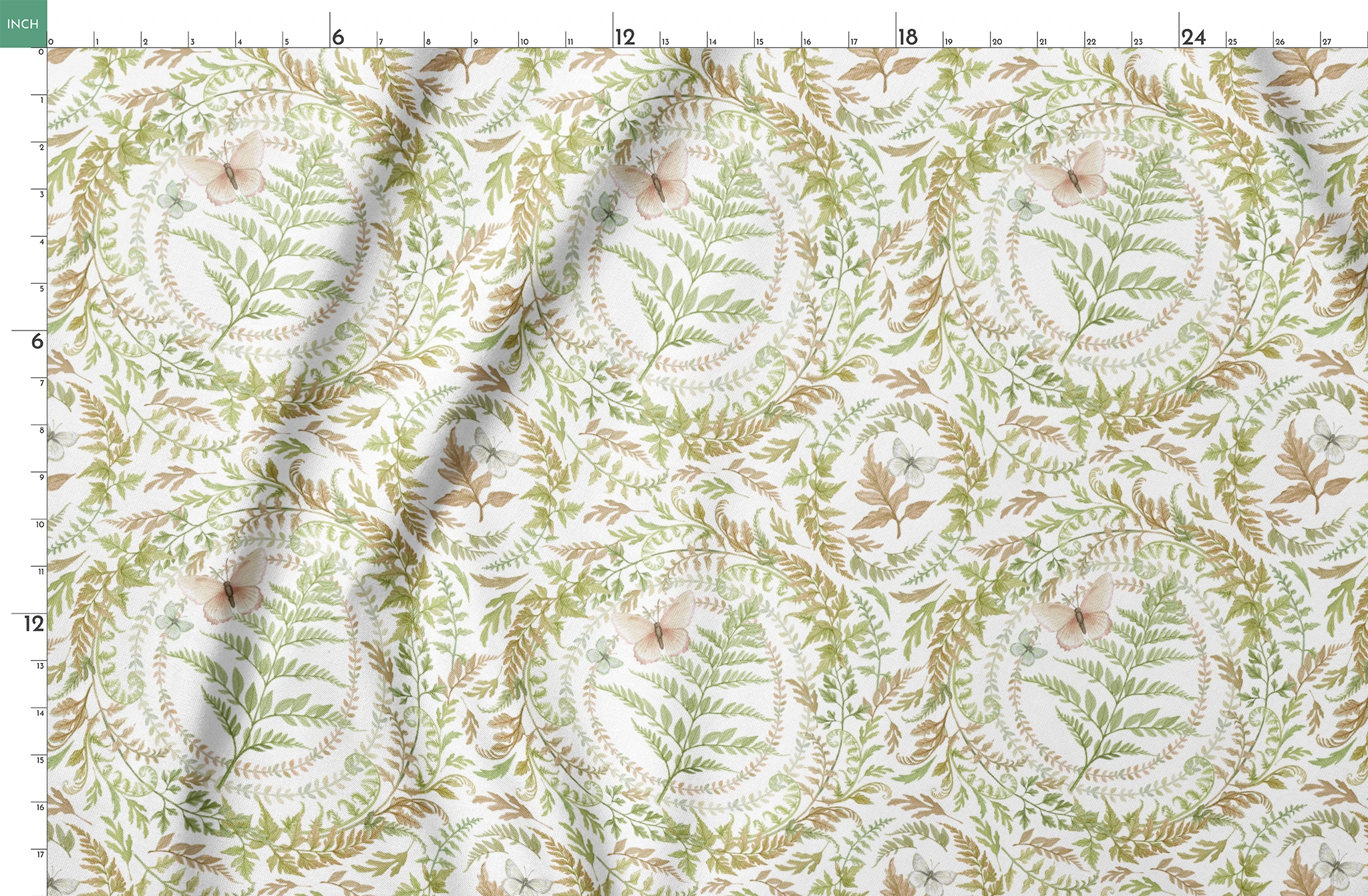 Circular botanical design featuring green ferns and blush butterflies on a white background in a Nicole Tamarin pattern. springs fatquarter mockup