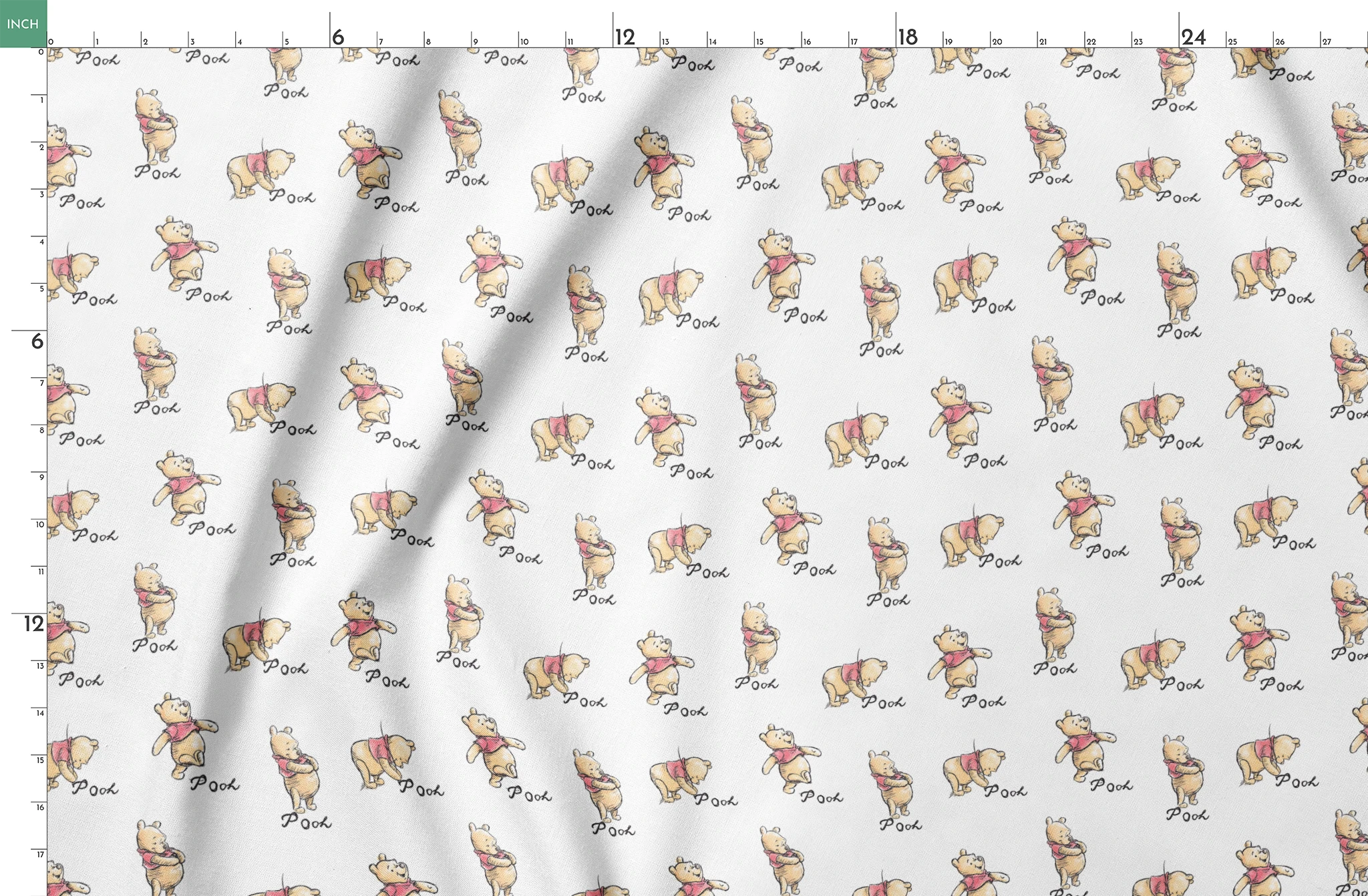Winnie the Pooh pattern featuring cute yellow bears with red shirts in various poses, labeled "Pooh springs fatquarter mockup