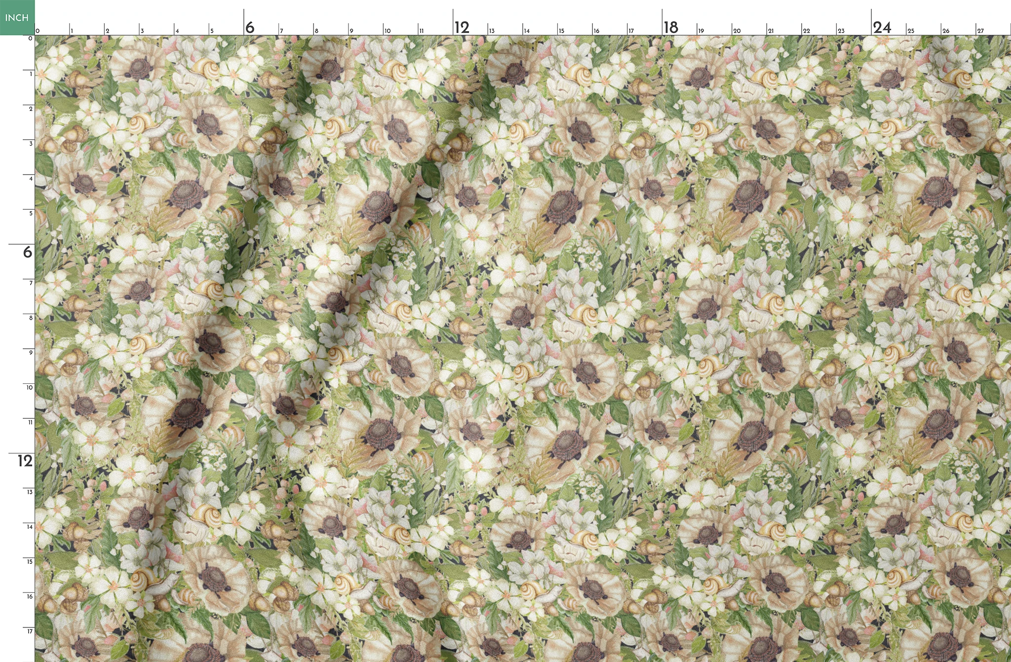 Botanical pattern by Nicole Tamarin featuring cream poppies, snails, acorns, and soft green leaves in an earthy woodland layout. springs fatquarter mockup