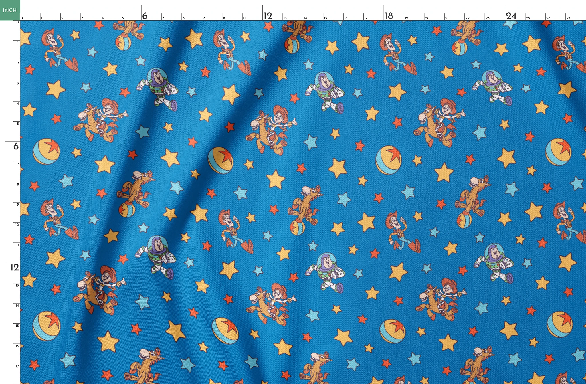 Toy Story characters floating in space pattern with stars on blue background springs fatquarter mockup