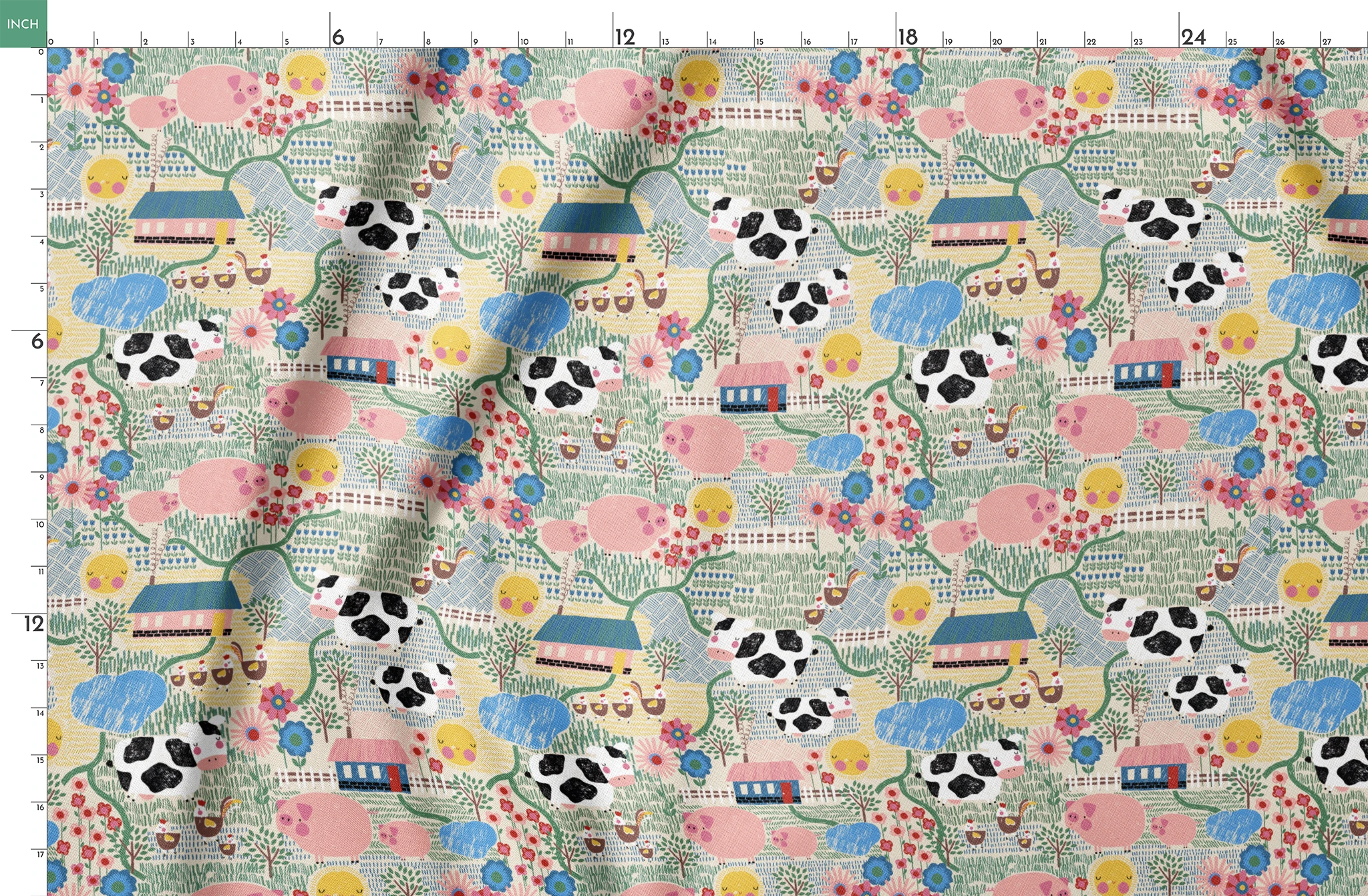 Colorful farm illustration with pink pigs, spotted cows, flowers, and small houses on textured ba... springs fatquarter mockup