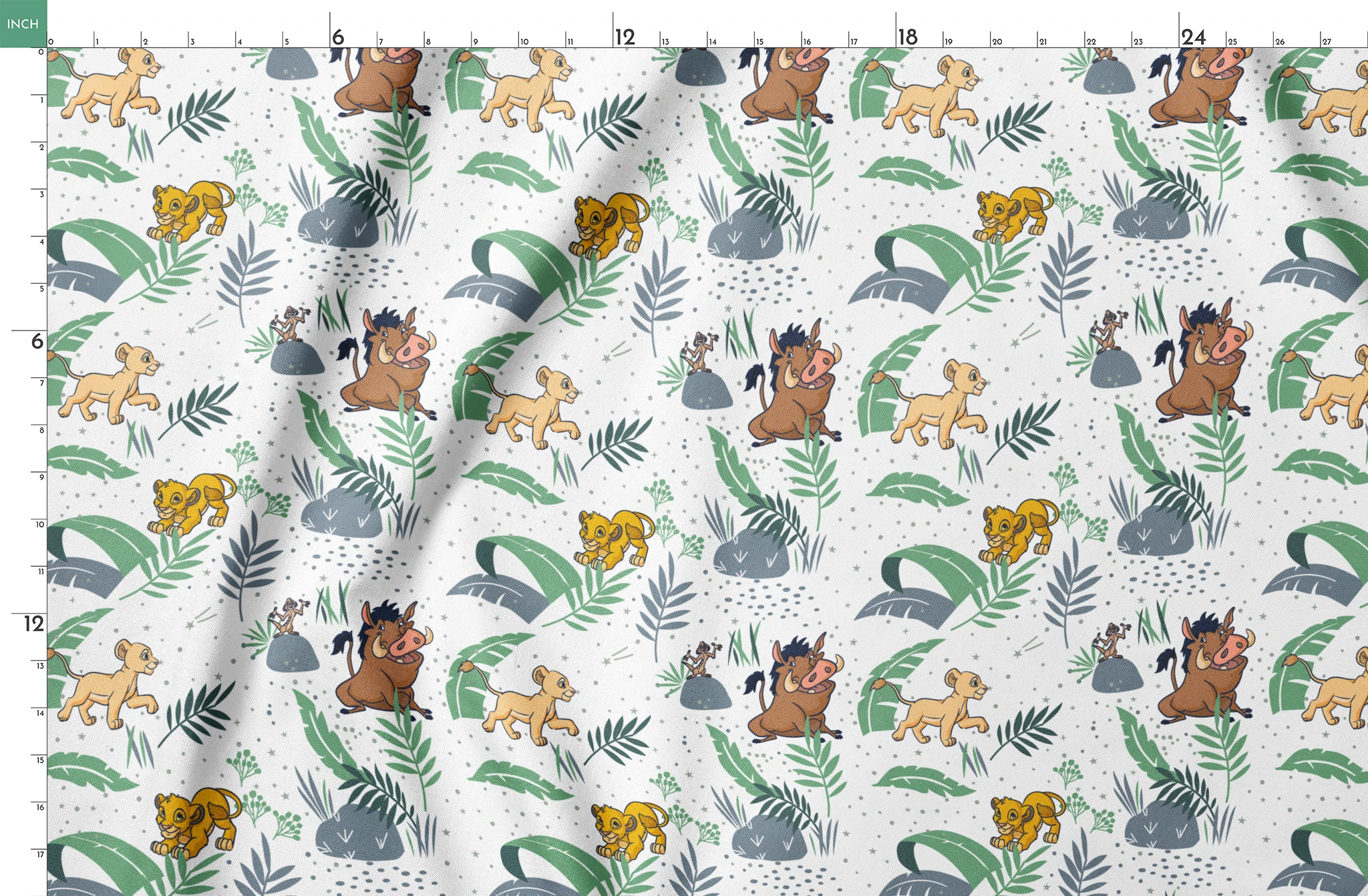 Cartoon lion cubs playing among tropical leaves and plants in green and blue tones on white background springs fatquarter mockup