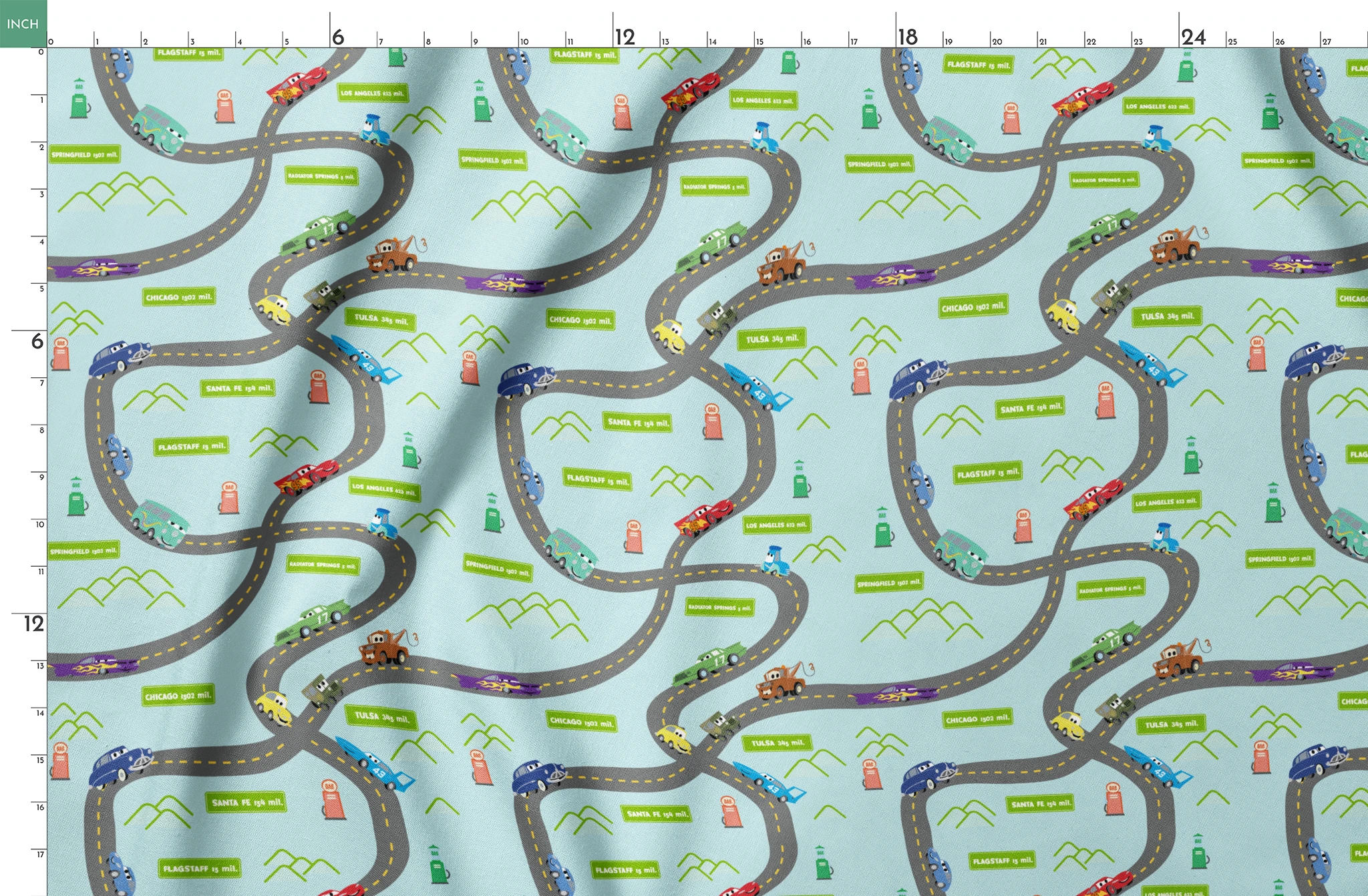 Cars from "Cars" movie on winding road with green speech bubbles showing different car brands and gas stations. springs fatquarter mockup