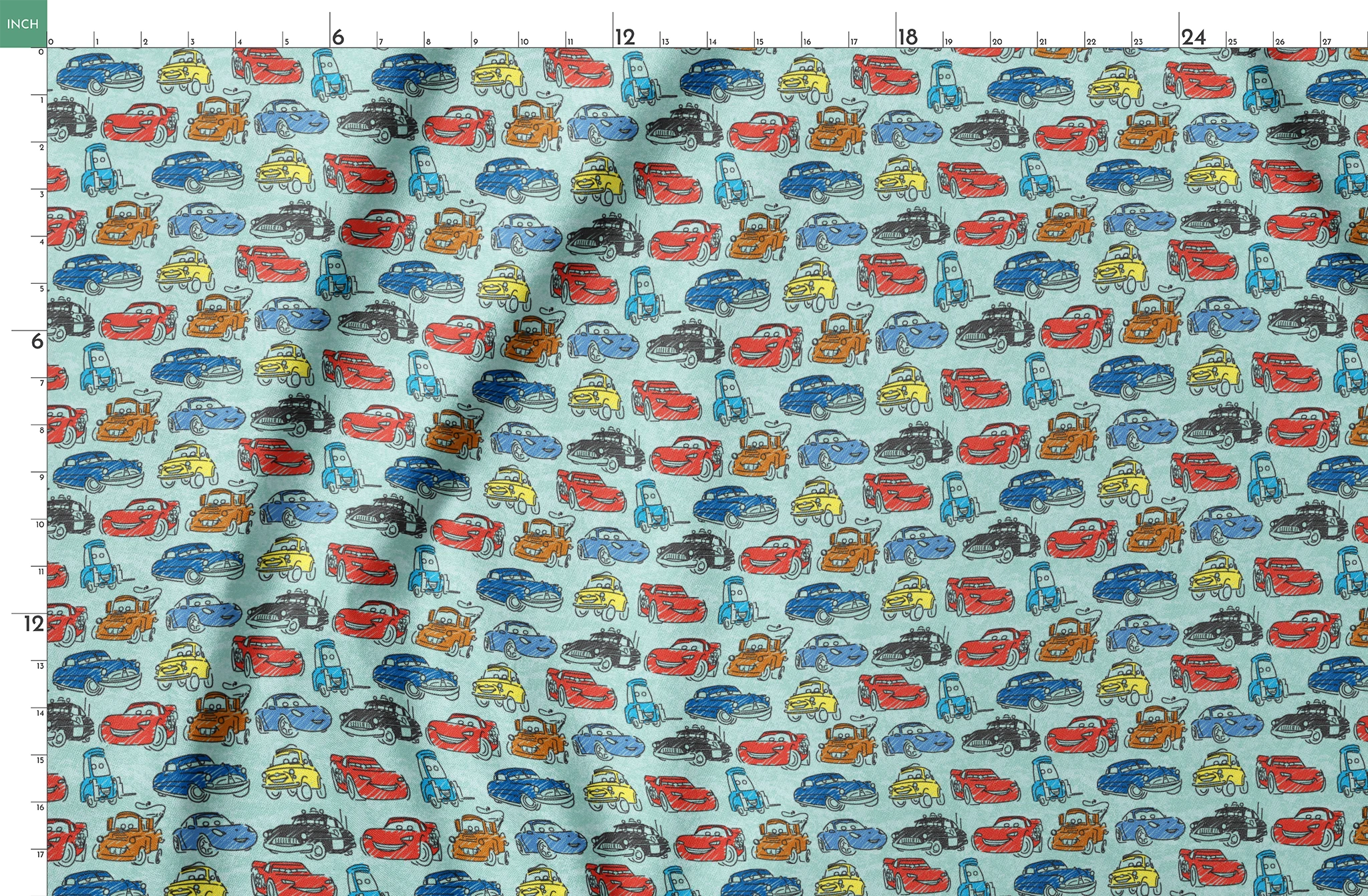 Colorful cartoon cars pattern including red racecars, blue sedans, yellow coupes, and tow trucks on light blue background springs fatquarter mockup