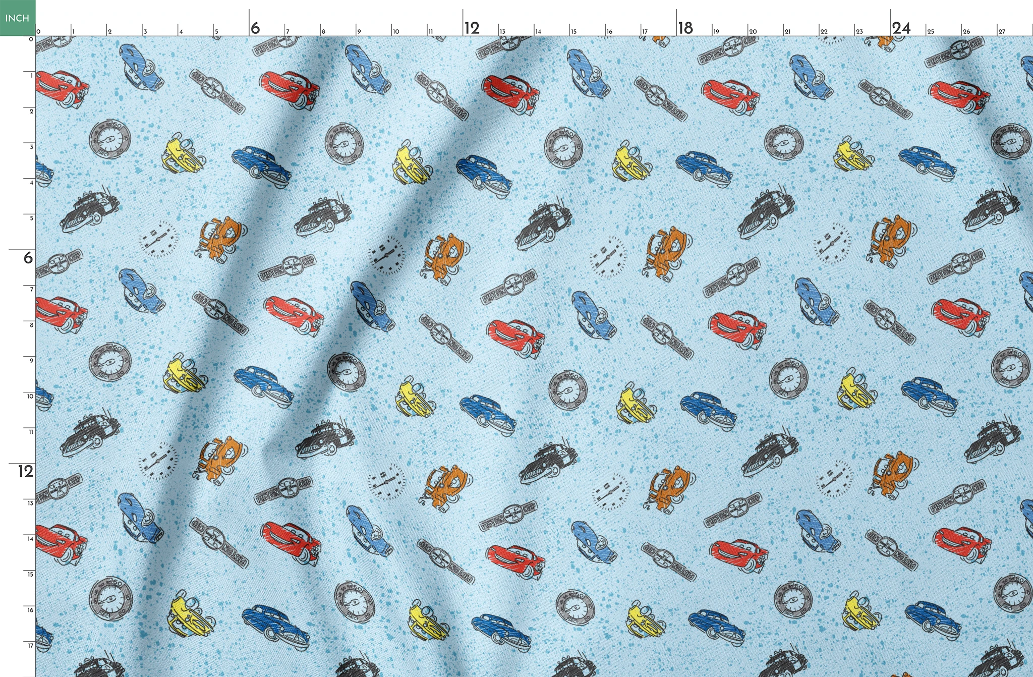Colorful cartoon cars and watches scattered on a light blue speckled background pattern springs fatquarter mockup